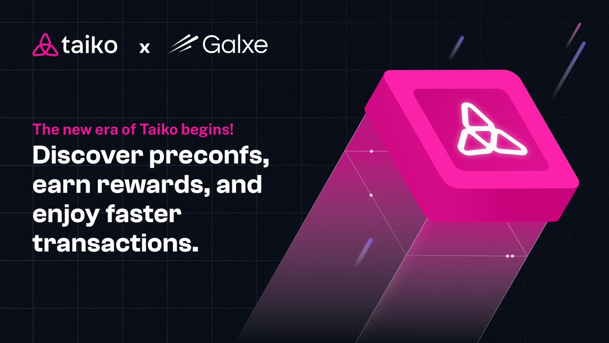 Taiko.eth 🥁 (@taikoxyz) on Twitter photo We’re celebrating the arrival of preconfirmations with a Galxe Campaign! 🥁
Complete these easy off-chain tasks, learn about preconfs, and earn TAIKO tokens, all powered by <a href="/GalxeQuest/">Galxe Quest</a>.
Dive in: app.galxe.com/quest/taiko/GC… We’re celebrating the arrival of preconfirmations with a Galxe Campaign! 🥁
Complete these easy off-chain tasks, learn about preconfs, and earn TAIKO tokens, all powered by <a href="/GalxeQuest/">Galxe Quest</a>.
Dive in: app.galxe.com/quest/taiko/GC…