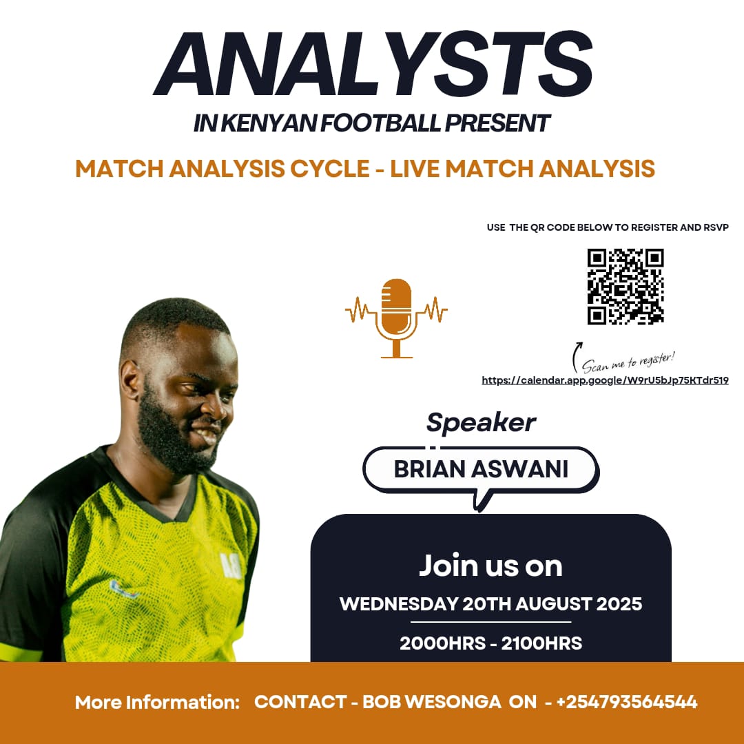 TheKFAA's tweet image. 🎯 𝗦𝗘𝗘 𝗧𝗛𝗘 𝗚𝗔𝗠𝗘 𝗟𝗜𝗞𝗘 𝗡𝗘𝗩𝗘𝗥 𝗕𝗘𝗙𝗢𝗥𝗘
Brian Aswani – CAF B Coach &amp;amp; Barça Innovation Hub Tactical Analyst – breaks down the Match Analysis Cycle LIVE.

📅 Wed 20 Aug | 8PM EAT
🔗 RSVP: calendar.app.google/WjbZ2n9qPMG1fa…

#KenyaFootball #MatchAnalysis #GameInFocus