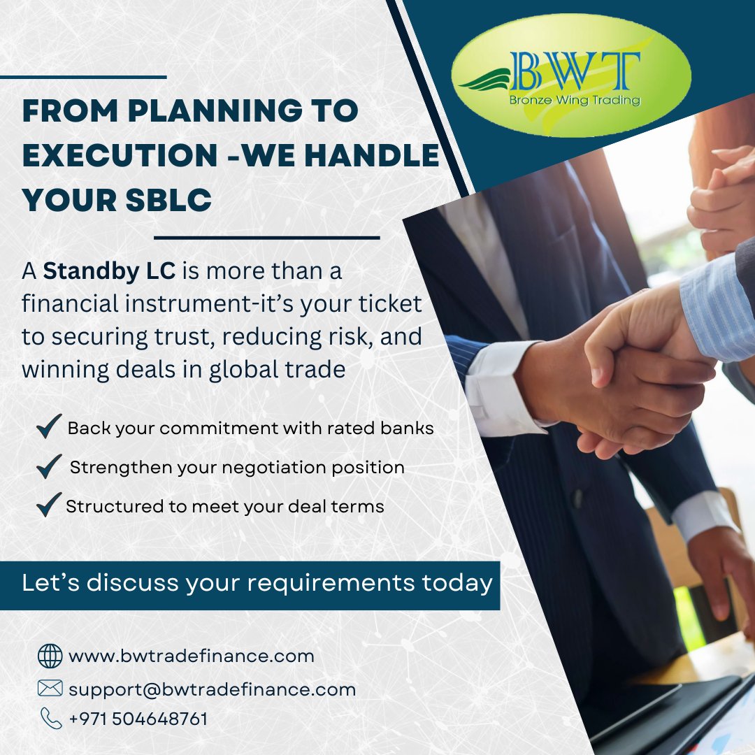 bwtradefinance's tweet photo. From structuring the right terms to connecting with a trusted banking partner - we handle your SBLC needs from start to finish.

Contact us now:

Website: https://t.co/aysf4yGHwD
Email: support@bwtradefinance.com
Call/WhatsApp/Botim: +971 504648761 https://t.co/ea4F1lgsUQ