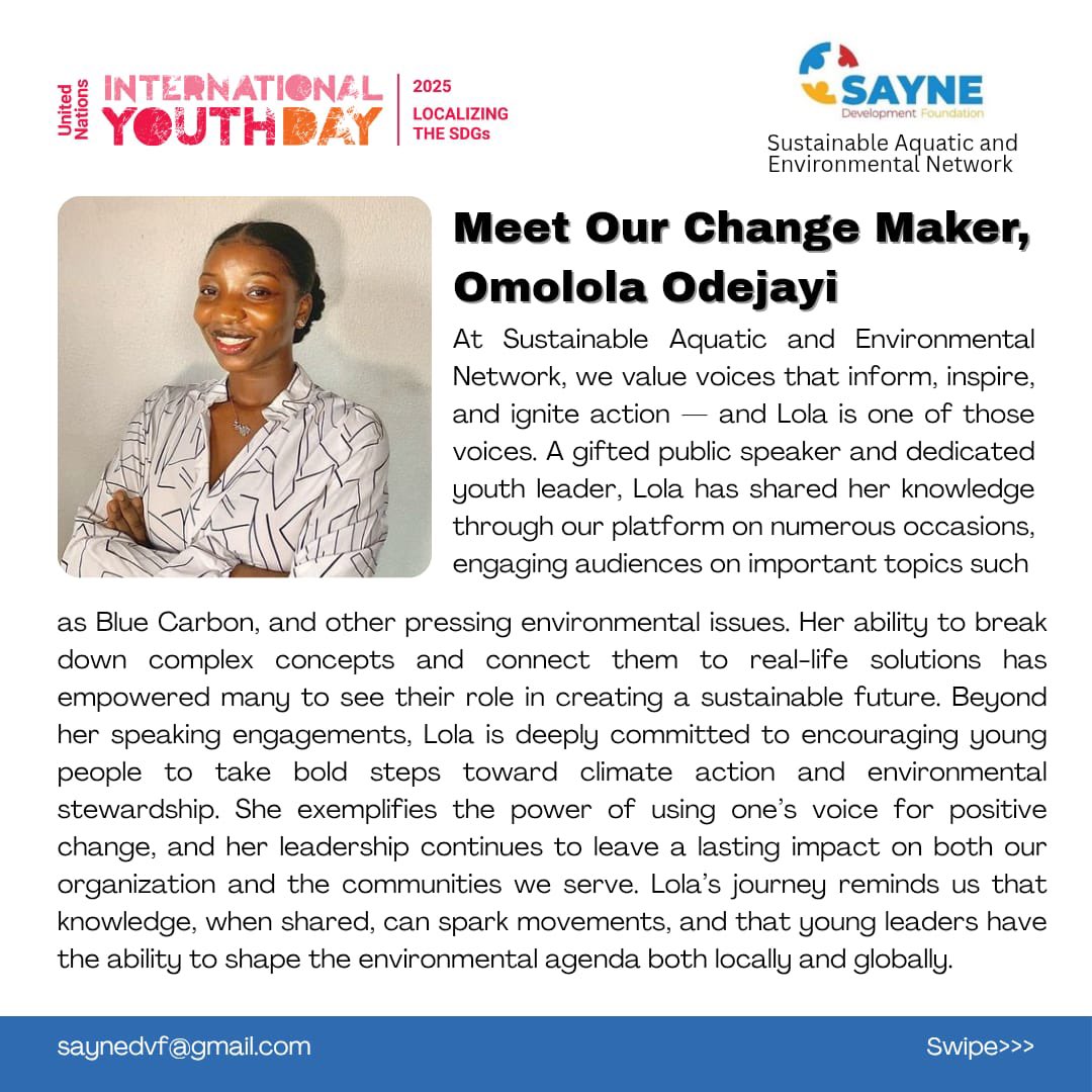 Saynefoundation's tweet photo. This International Youth Day, we celebrate the power, passion, and potential of young people everywhere. 🌍💙
At Sustainable Aquatic and Environmental Network, we believe youth are not just the leaders of tomorrow — we are the change-makers of today. From climate action to ocean https://t.co/HunH9hhDZS