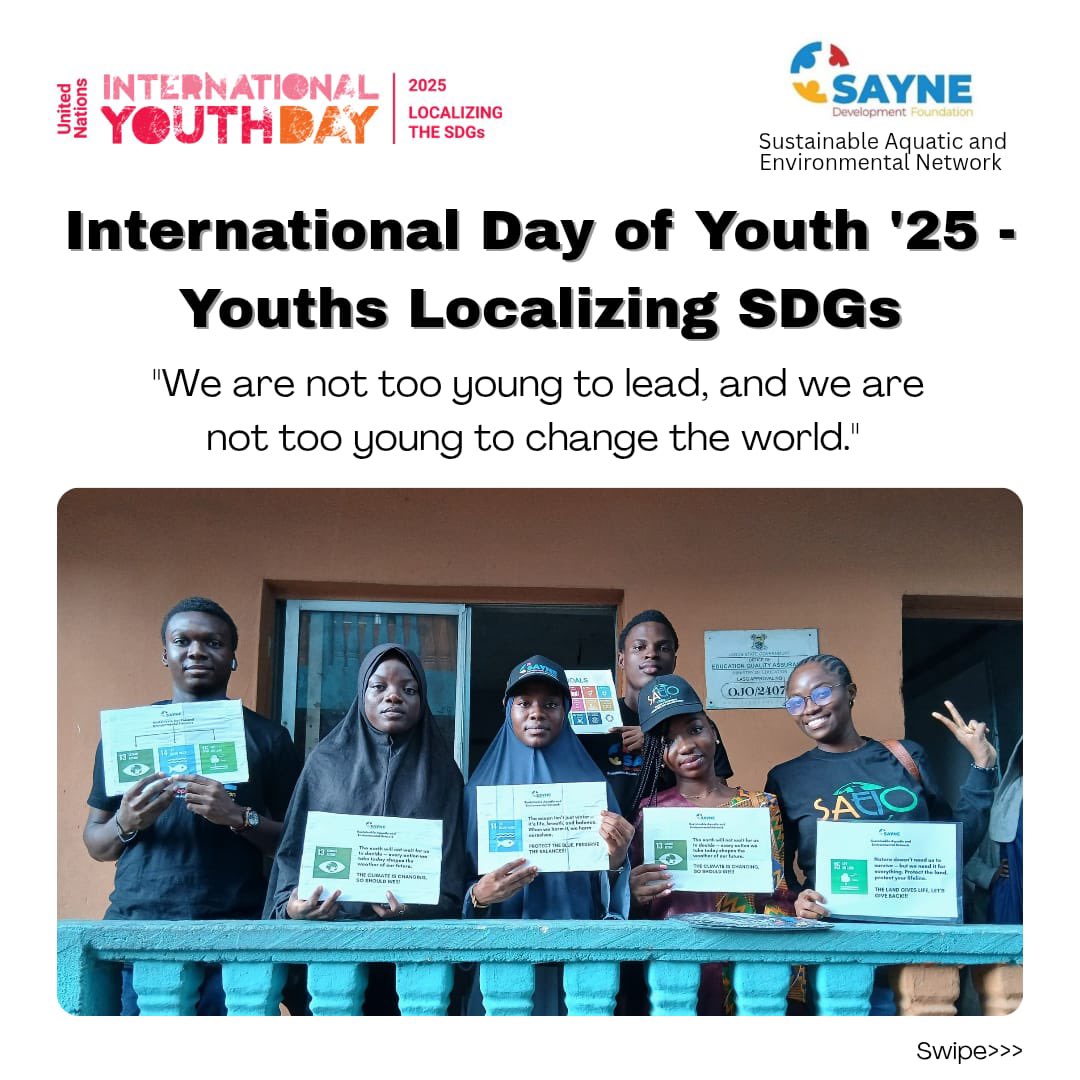 Saynefoundation's tweet photo. This International Youth Day, we celebrate the power, passion, and potential of young people everywhere. 🌍💙
At Sustainable Aquatic and Environmental Network, we believe youth are not just the leaders of tomorrow — we are the change-makers of today. From climate action to ocean https://t.co/HunH9hhDZS