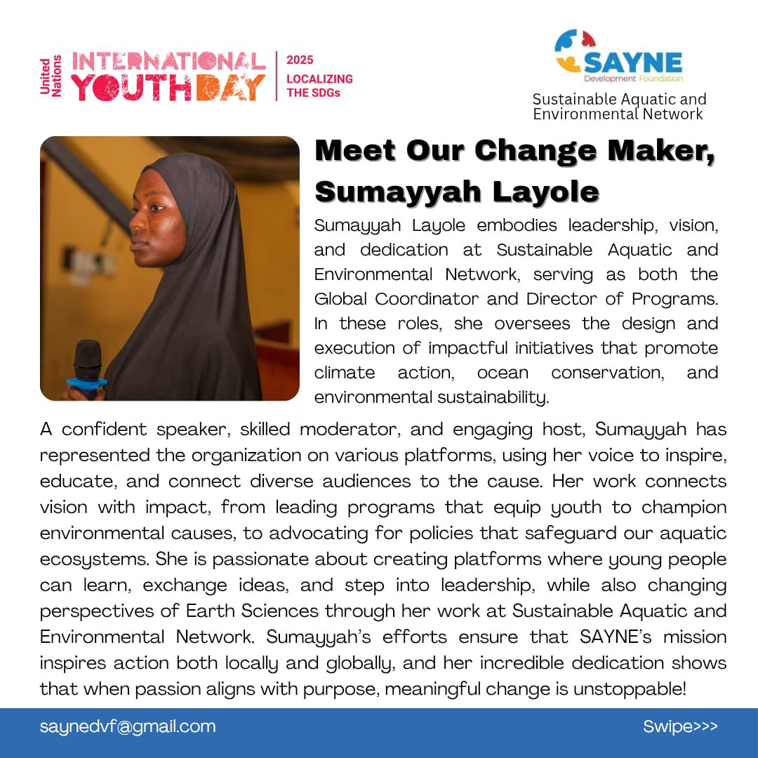 Saynefoundation's tweet photo. This International Youth Day, we celebrate the power, passion, and potential of young people everywhere. 🌍💙
At Sustainable Aquatic and Environmental Network, we believe youth are not just the leaders of tomorrow — we are the change-makers of today. From climate action to ocean https://t.co/HunH9hhDZS