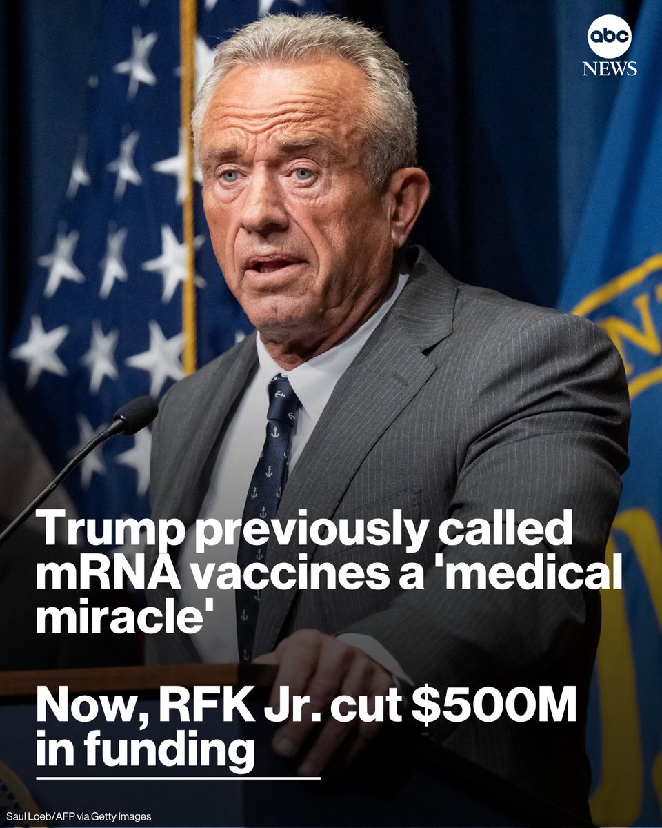 ABC's tweet photo. In his first term, Pres. Trump called the Pfizer-BioNTech COVID-19 vaccine a "medical miracle."

Almost five years on — the current Health Secretary announced the govt was canceling at least $500M of federally funded mRNA vaccine development.

Read more: https://t.co/vuIeeEtL3m https://t.co/LHwe5kRVk2
