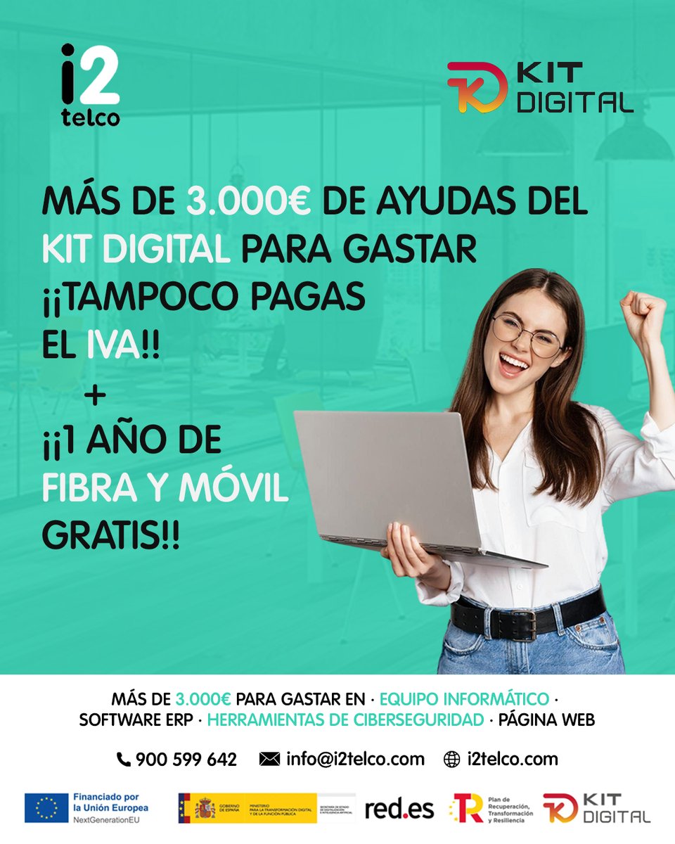 📢 ¡Consigue tu Kit Digital AHORA! 🚀

💰 3.000 € para invertir en tu negocio
✔ Ordenadores potentes 🖥
✔ Software ERP 📊
✔ Ciberseguridad 🔒
✔ Página web 🌐

❌ No pagas NADA… ni siquiera el IVA

🎁 Y además… 1 año de Fibra + Móvil GRATIS 📶📱

#KitDigital #Ayudas