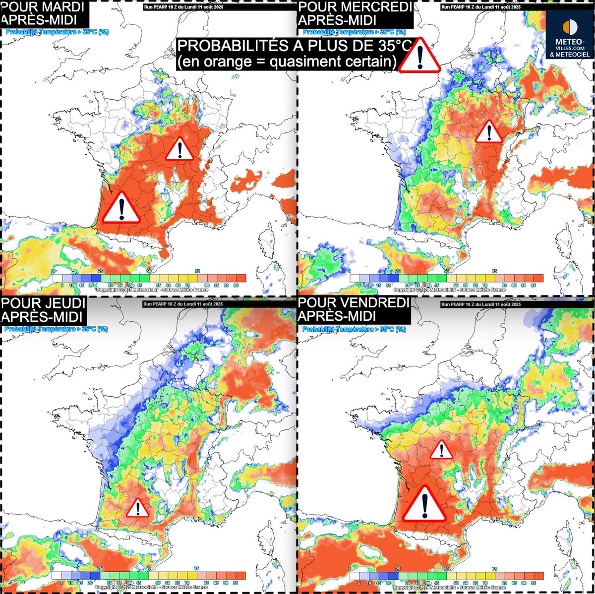 🥵🌡️#VigilanceRouge #canicule Les 35°C (définition de très fortes chaleurs en météo) seront dépassés sur les 3/4 ou les 2/3 de la France au moins jusqu'à vendredi. Cette vague de #chaleur remarquable se terminera en milieu ou fin de semaine prochaine >>> meteo-villes.com/france/previsi…