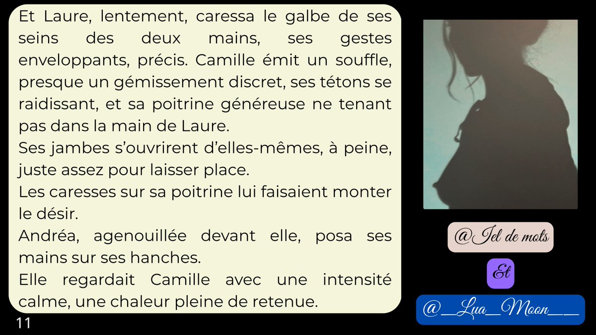 Ieldemots's tweet image. 🔥 Avec @_Lua_Moon__ , on continue notre histoire à quatre mains…
La tension monte, les corps se rapprochent, les souffles se mêlent…
💋 Vous n’êtes pas prêts pour ce qui vient.
📅 Rendez-vous demain, 20h, pour la suite…
#HistoireÉrotique #RécitSensuel #LectureDuSoir