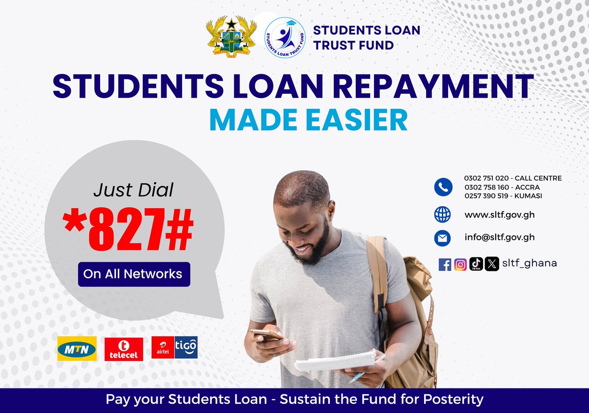 Repayment is now at your fingertips. Simply dial *827# on any network to pay from the comfort of your home, office, or anywhere you are. Settle your student loan and help create opportunities for other students. #sltfupdates #SLTFRecoveryChallenge