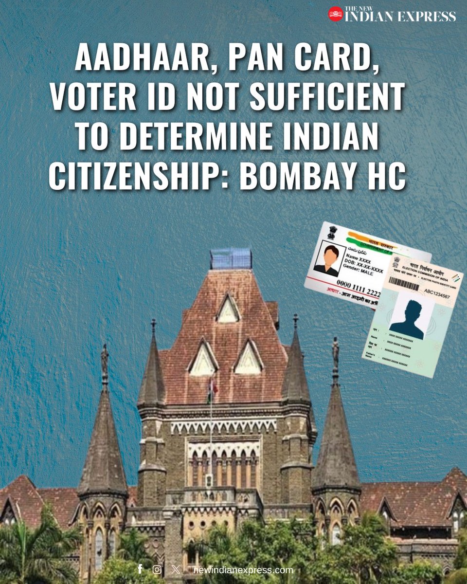NewIndianXpress's tweet image. A person does not become a citizen of India merely by possessing documents like Aadhaar card, PAN card or a voter ID, #BombayHC said while refusing bail to a man, allegedly from Bangladesh, for entering India illegally.

🔗newindianexpress.com/nation/2025/Au…