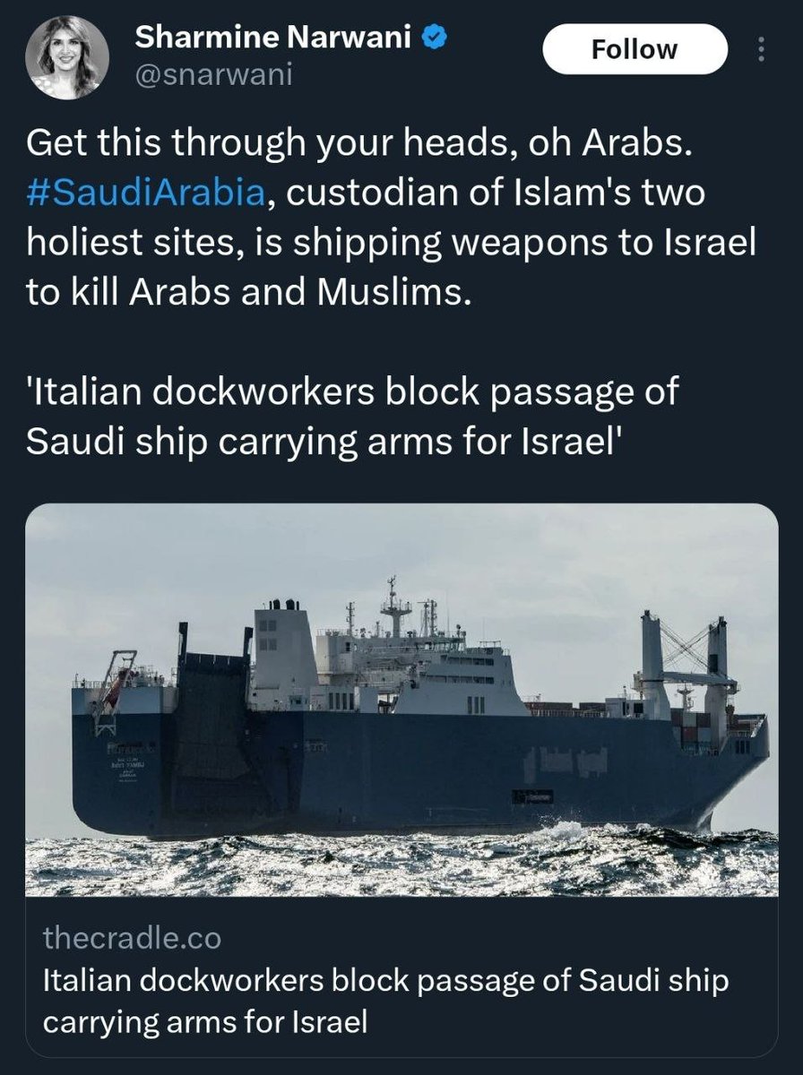 Transfer senjata Saudi ke Israel terbongkar

▪️Sharmeen Narwani, seorang jurnalis dan analis politik, mengklaim dalam sebuah twit kontroversial bahwa Arab Saudi, meskipun merupakan penjaga dua situs suci umat Islam, mengirimkan senjata ke Israel untuk digunakan melawan orang Arab