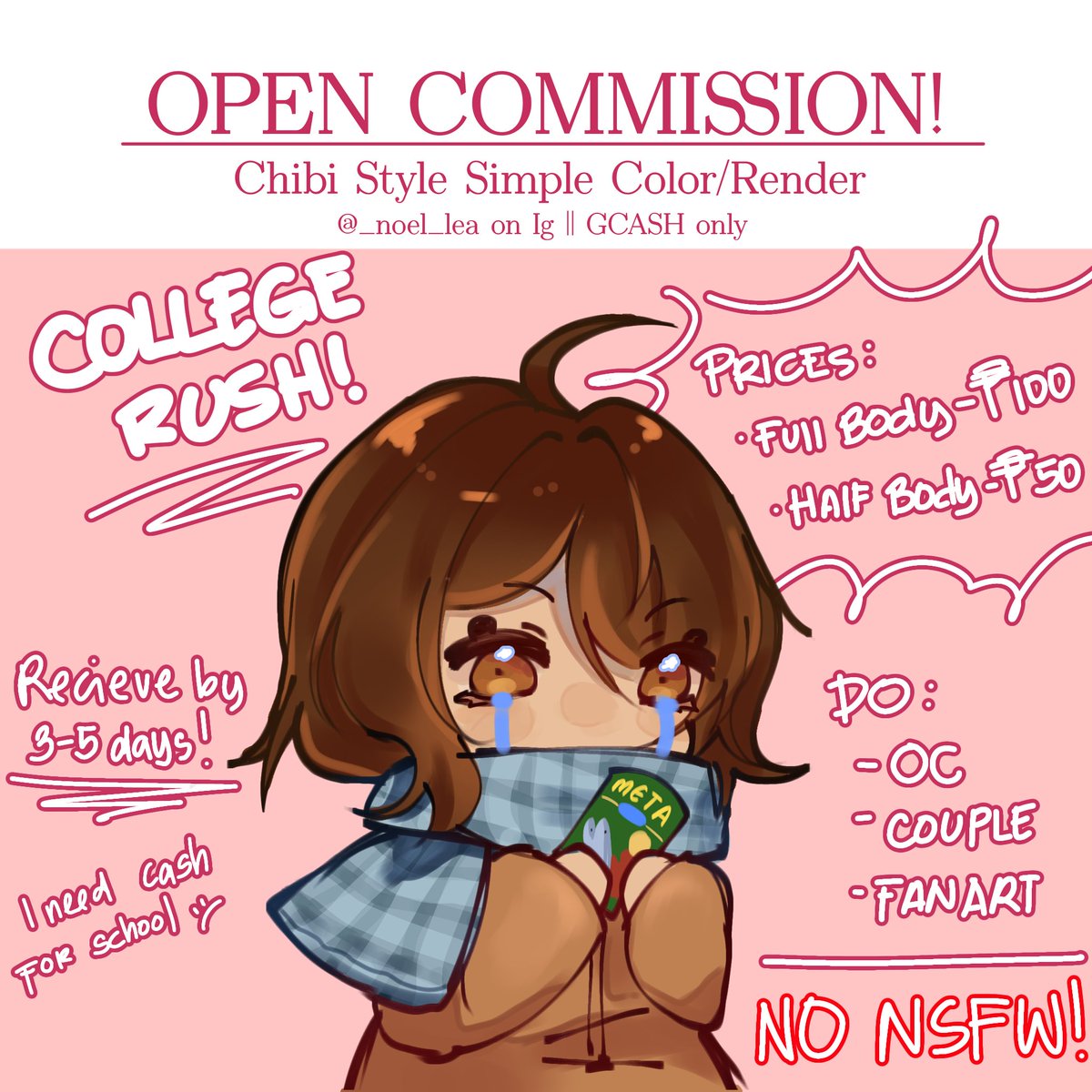 _Plushi's tweet image. 📢 OPEN COMMISSION!! 📢
Hi my name is Noel a PH Artist!
I'm recently opening my commissions because college is starting and I would really appreciate the extra income for daily dorm necessities coming from a low income family🙏🙏🙏 
My only mode of Payment is through Gcash! 🥹🫶