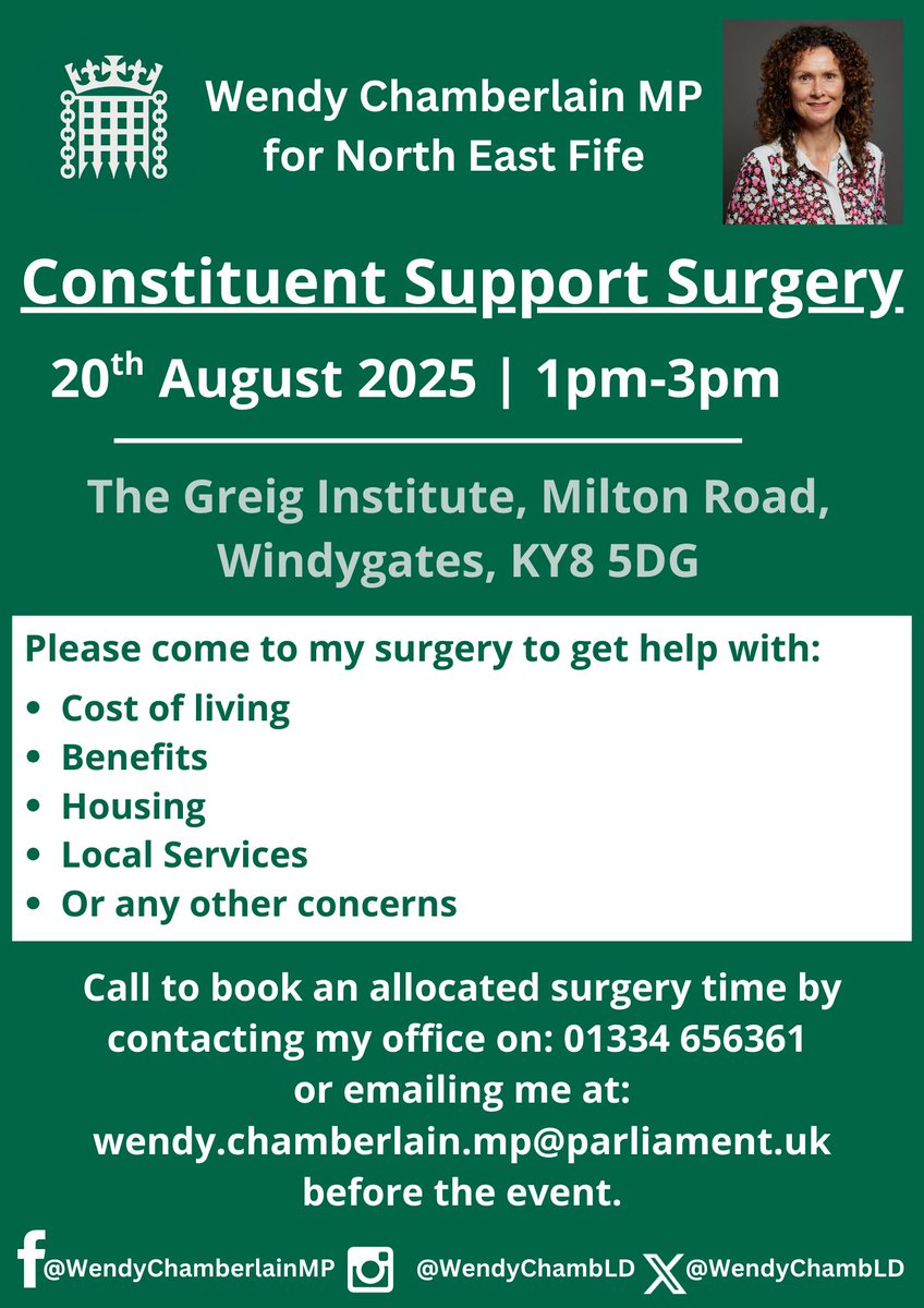 📢 I’ll be holding my next Constituent Support Surgery on Wednesday 20 August, 1–3pm at The Greig Institute, Windygates.

If you need help or have any concerns, please get in touch to book a time:

📞 01334 656361
📧 wendy.chamberlain.mp@parliament.uk