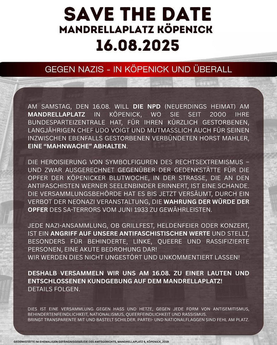 Gegen die Kundgebung der neonazistischen Kleinstpartei "Die Heimat" (ehemals NPD) am Samstag in #Köpenick gibt es nun organisierten Protest am Mandrellaplatz! Uhrzeit folgt. Mehr Infos bei der lokalen Initiative "Friedrichshagen für Alle" bei Instagram. #b1608 #KeinPlatzfürNazis
