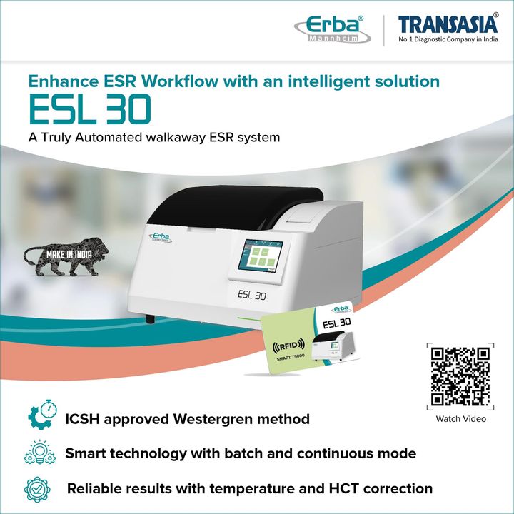 Transasia_1's tweet image. The ESL 30 by Erba Transasia,  a fully automated ESR analyzer that blends cutting-edge technology with exceptional ease of use.

Learn more: zurl.co/Zkirj | Contact us: 7400058929

#IAmTransasia #ESR #Analyzer #IVD #Pathology #LabMedicine #WeAreErba #MadeInIndia
