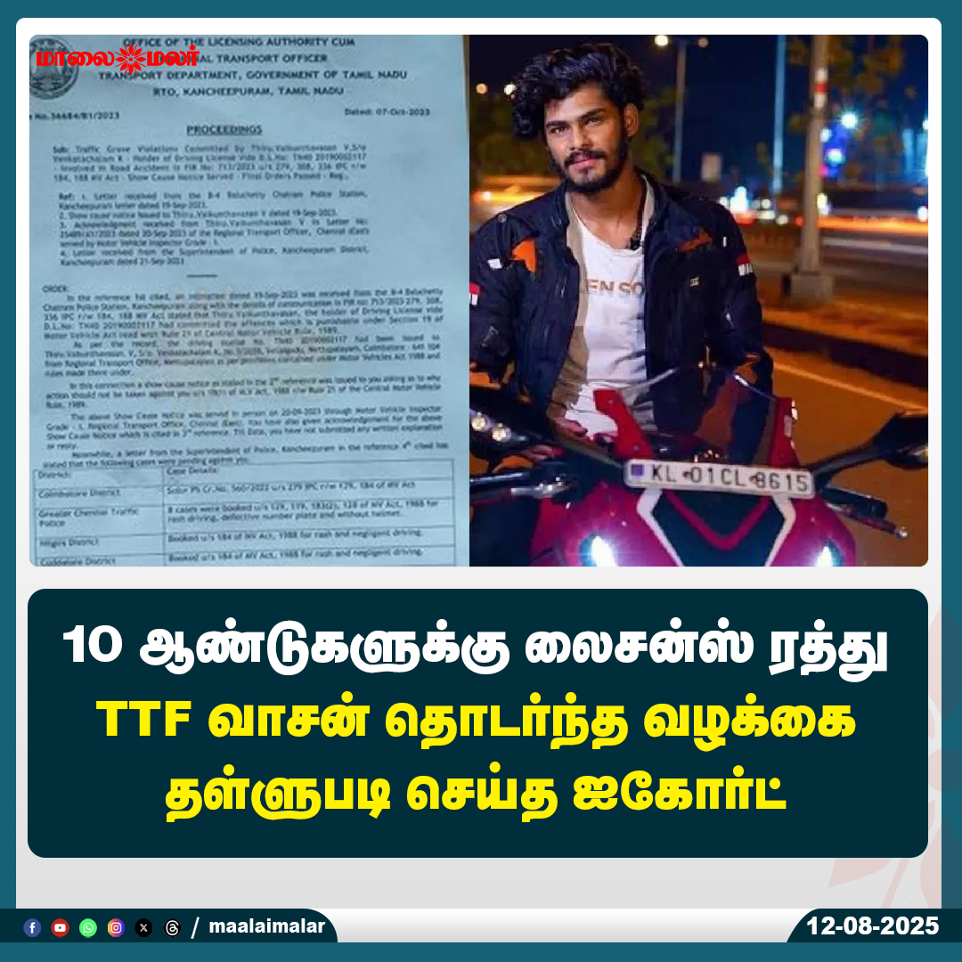 maalaimalar's tweet photo. மேலும் படிக்க : 
https://t.co/dJmgK9Vl02

#TTFVasan #LicenseCancelled #HighCourtVerdict #CaseDismissed #Maalaimalar #TamilNews #TrafficCase #IndiaLegalNews #DrivingBan #CourtUpdate https://t.co/FhQKePUuXQ
