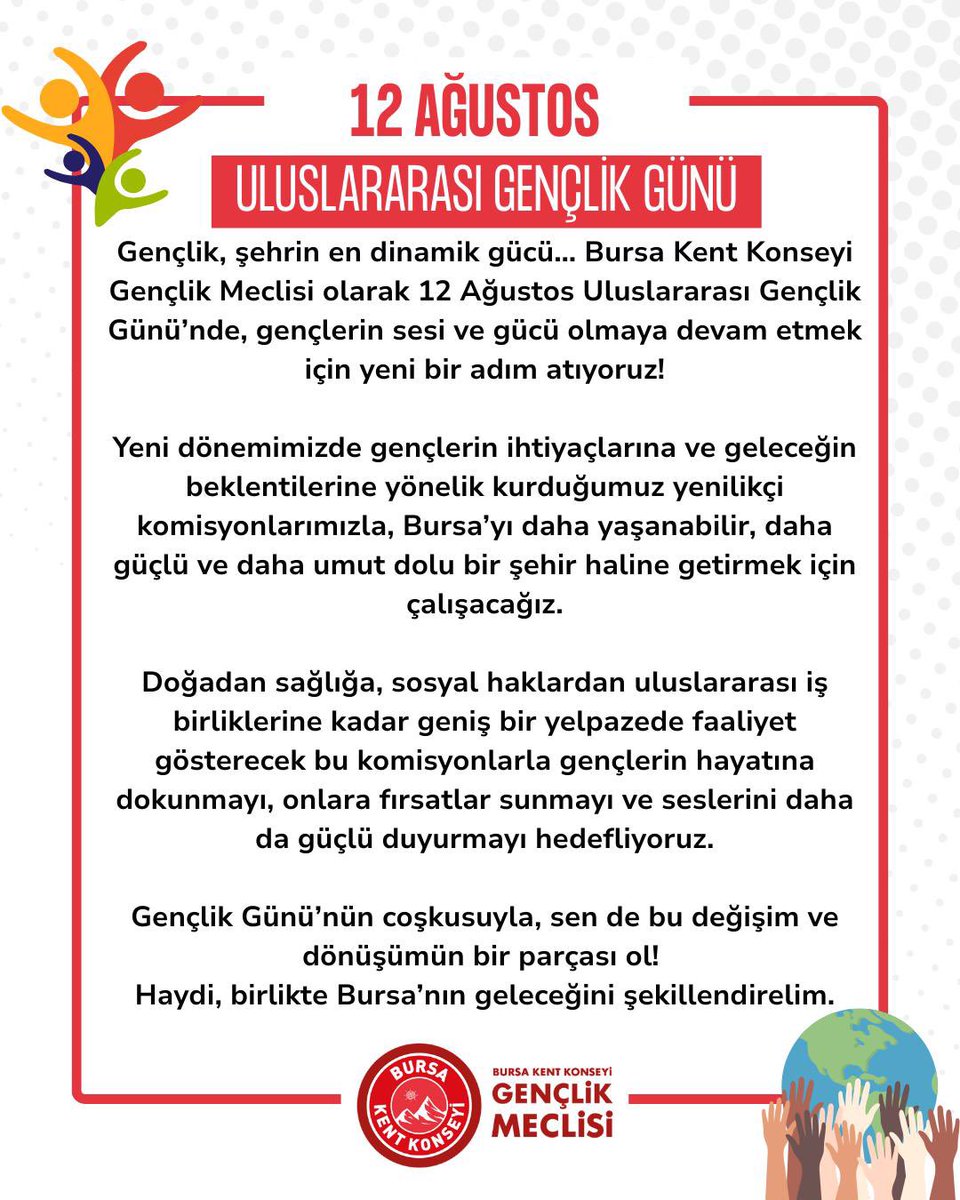 BursaGenclikMec's tweet photo. YENİ KOMİSYONLARIMIZ KURULDU 🎉

Gençlik, şehrin en dinamik gücü… Bursa Kent Konseyi Gençlik Meclisi olarak 12 Ağustos Uluslararası Gençlik Günü’nde, gençlerin sesi ve gücü olmaya devam etmek için yeni bir adım atıyoruz! https://t.co/tn1W9W7Abp