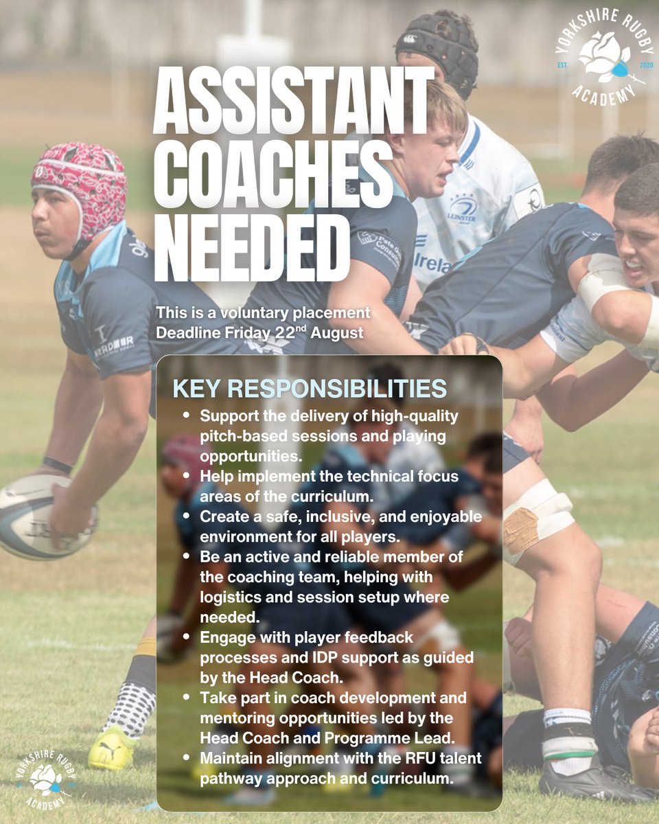 Yorkshire Rugby Academy (@yorksrugbyacad) on Twitter photo ๐จ WEโRE HIRING! ๐จ
Weโre on the lookout for 3 Assistant Coaches to join our PDG team! This is a great opportunity to gain hands-on coaching experience in an elite rugby environment.
๐ Check the post for full details.
๐ง To apply or find out more, email: LukePendlebury@RFU.com ๐จ WEโRE HIRING! ๐จ
Weโre on the lookout for 3 Assistant Coaches to join our PDG team! This is a great opportunity to gain hands-on coaching experience in an elite rugby environment.
๐ Check the post for full details.
๐ง To apply or find out more, email: LukePendlebury@RFU.com