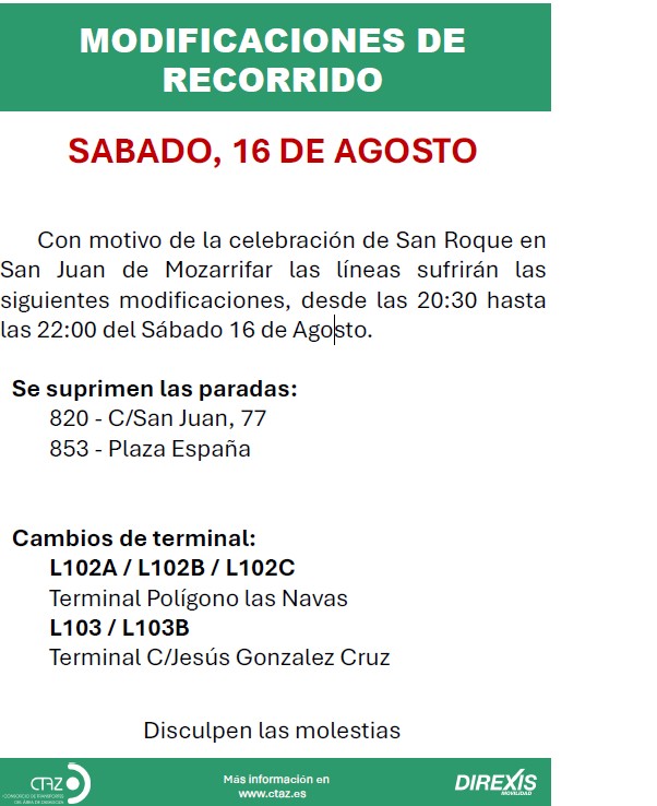 📢‼️Afecciones por procesión en San Juan de Mozarrifar
📆sábado 16AGO
🚍L102 y L103  del <a href="/CTAZgz/">CTAZ</a>