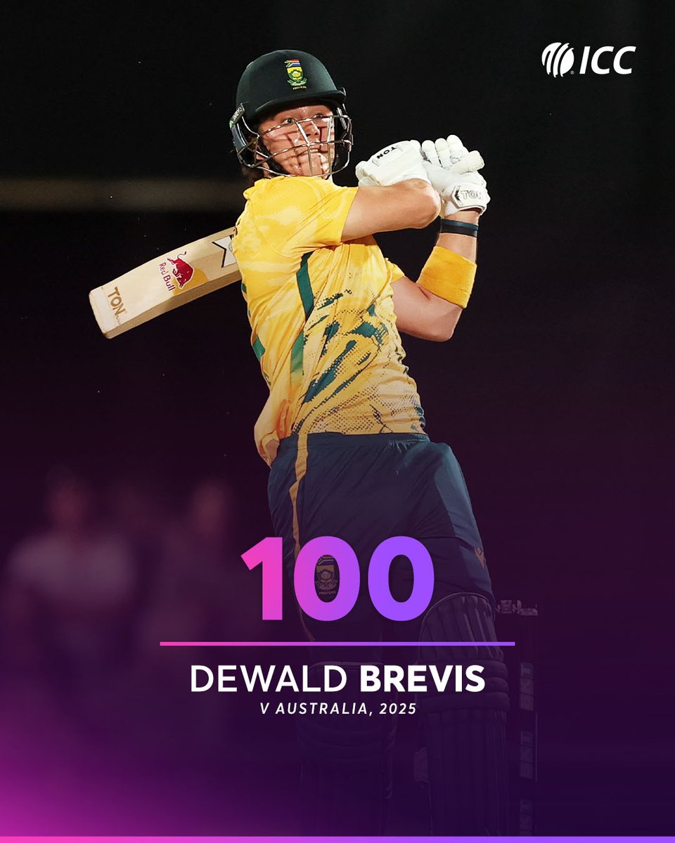 ICC's tweet image. A fiery maiden T20I ton from Dewald Brevis 🔥

#AUSvSA 📝: icc-cricket.com/matches/258914…
