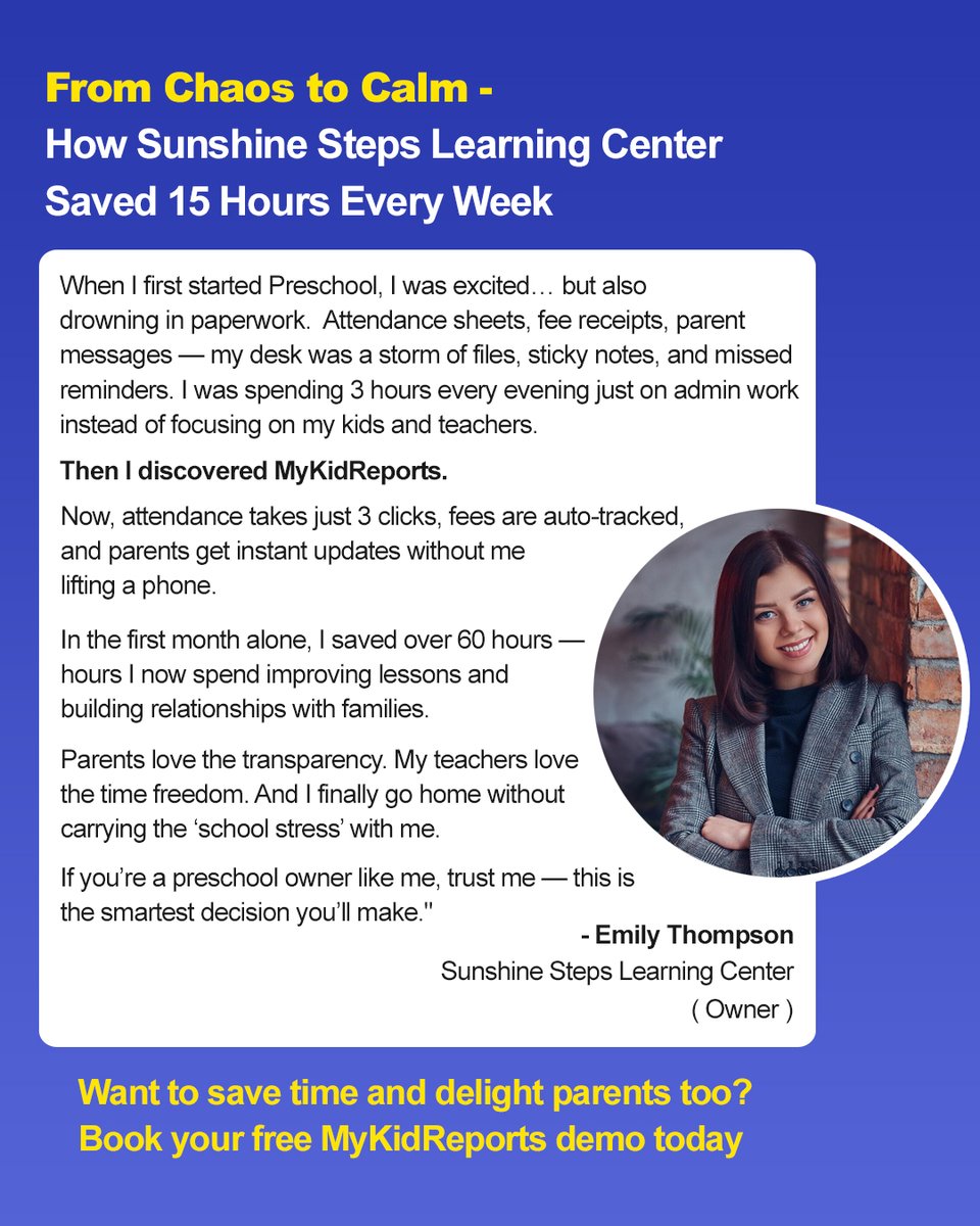 mykidreports's tweet photo. Want to save time and delight parents too? Book your free MyKidReports demo today.
#PreschoolOwner #ChildcareManagement #MyKidReports #DaycareSoftware #PreschoolTips #EdTechForSchools #ParentCommunication #SchoolSuccessStory #DaycareManagement #TimeSavingTools #SchoolAutomation https://t.co/BaE39xkfAj