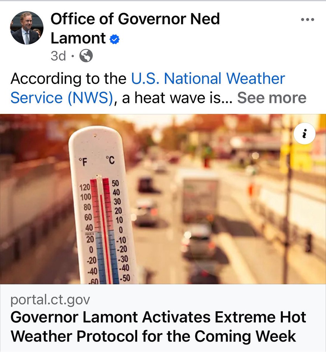 Governor Lamont has activated the states hot weather protocol with temperatures in the 90s. Stay cool!  <a href="/News12CT/">News12CT</a> <a href="/GovNedLamont/">Governor Ned Lamont</a>