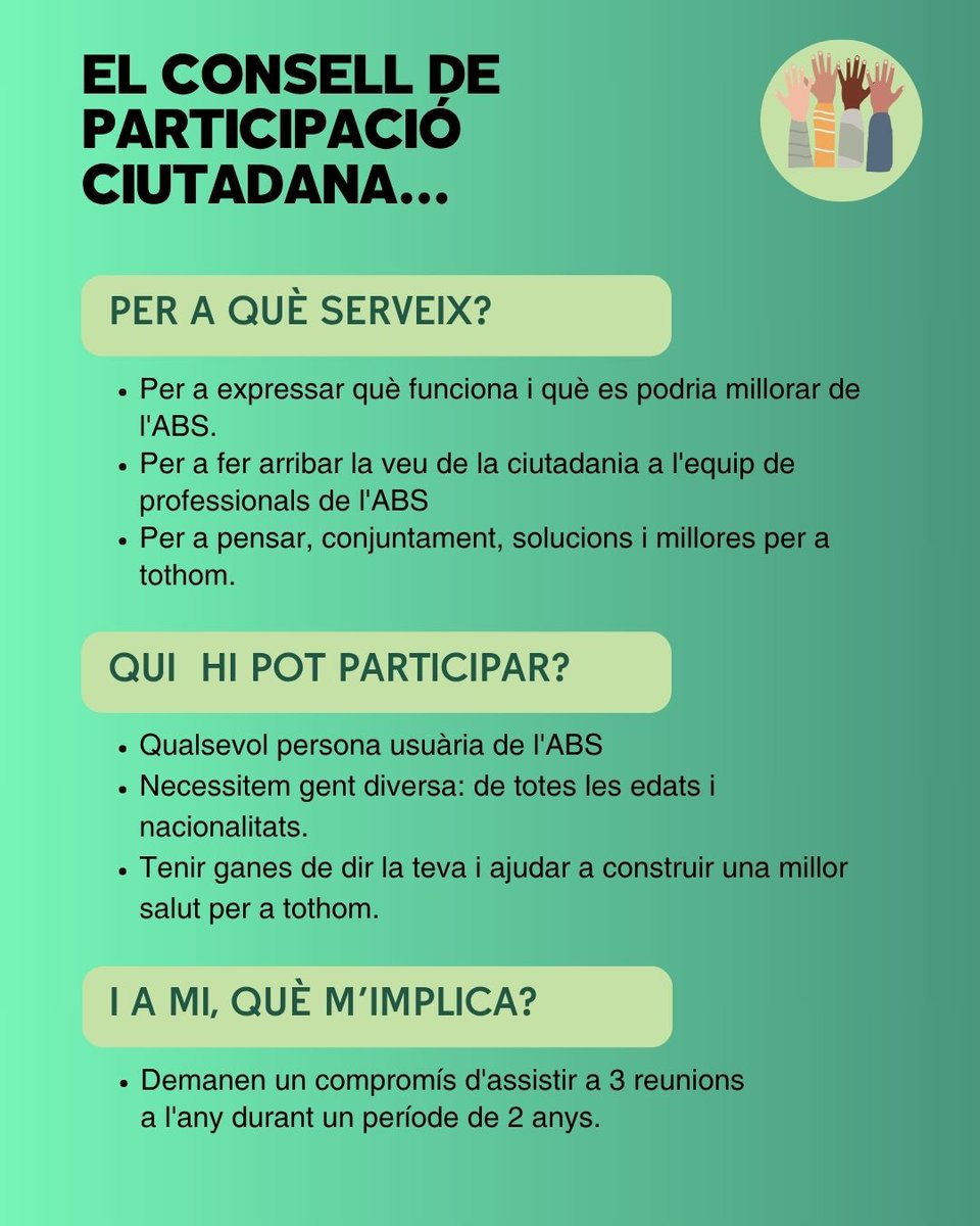 SSIBE (@_ssibe) on Twitter photo 🔊 Sabies que tenim diferents Consells de Participació Ciutadana?
Treballem per posar les persones al centre. I una manera de fer-ho és participant i escoltant la teva veu i opinió.
Entre tots i totes, pensem propostes i millores dels nostres centres de salut! 🔊 Sabies que tenim diferents Consells de Participació Ciutadana?
Treballem per posar les persones al centre. I una manera de fer-ho és participant i escoltant la teva veu i opinió.
Entre tots i totes, pensem propostes i millores dels nostres centres de salut!