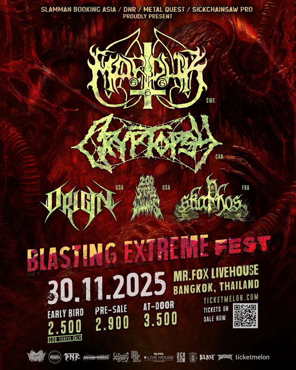 RockMetalBKK's tweet photo. **Blasting Extreme Fest 2025**
Marduk🇸🇪, Cryptopsy🇨🇦, Origin🇺🇸, 200 Stab Wounds🇺🇸 and Skaphos🇫🇷 Live in #Bangkok at Mr. Fox Live House on November 30. https://t.co/ynOcLu2njY