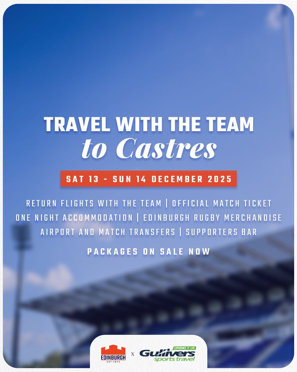 EdinburghRugby's tweet photo. Join us in France for the ultimate @ChampionsCup away day experience! 🇫🇷🏉

Travel with the team and back us against Castres Olympique this December, with the @GulliversTravel official travel package now on sale.

Book now ➡️ https://t.co/QhxfgWA8Wb https://t.co/8s9kNFIlhH