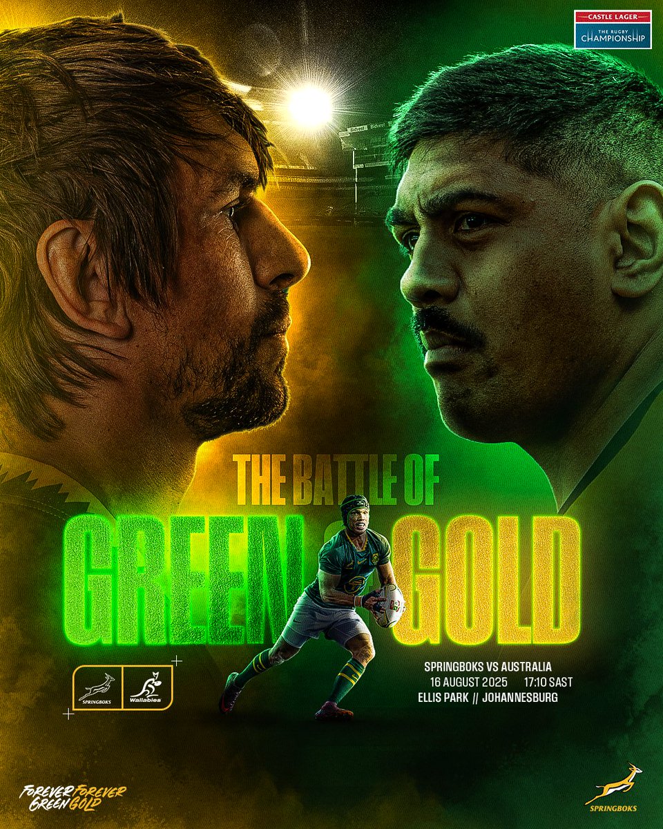 The stage is set. Two giants. 
One Battle of Green and Gold at Ellis Park 🏟️
🎟️ Get your tickets now: bit.ly/46Y4u3v

#Springboks #ForeverGreenForeverGold