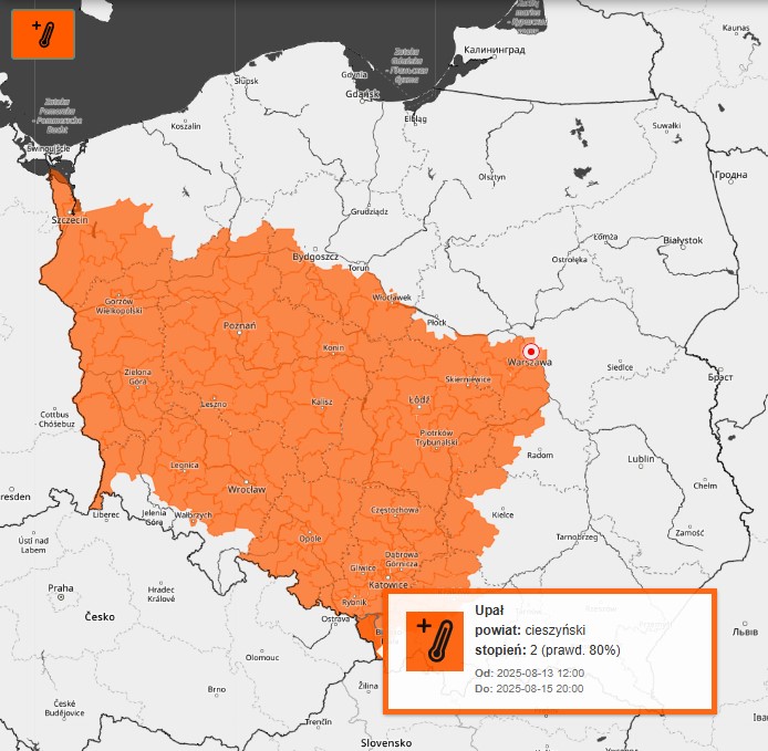 IMGWmeteo's tweet image. ⚠️UWAGA⚠️
‼️NOWE OSTRZEŻENIA METEOROLOGICZNE #IMGW‼️
Upał stopień 2
Temperatura w dzień od 30°C do 34°C. Temperatura w nocy 13/14.08 od 15°C do 17°C, w nocy 14/15.08 od 16°C do 19°C.
Ważne od 2025-08-13 12:00 do 2025-08-15 20:00
👉 meteo.imgw.pl
#IMGW #upał #ostrzeżenie