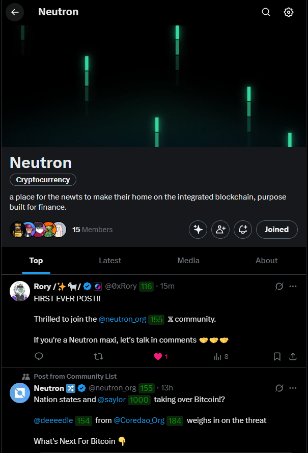 fluffy_trex's tweet photo. I made a Community on X for @neutron_org !🔀

In the feed of this Community page will be Neutron tailored information, hot alpha, and familiar faces.

Posts to the Community are more likely to be seen by newts who provide meaningful engagement.

Join here: https://t.co/d2w0GZUdo7 https://t.co/nF5AoEgu96