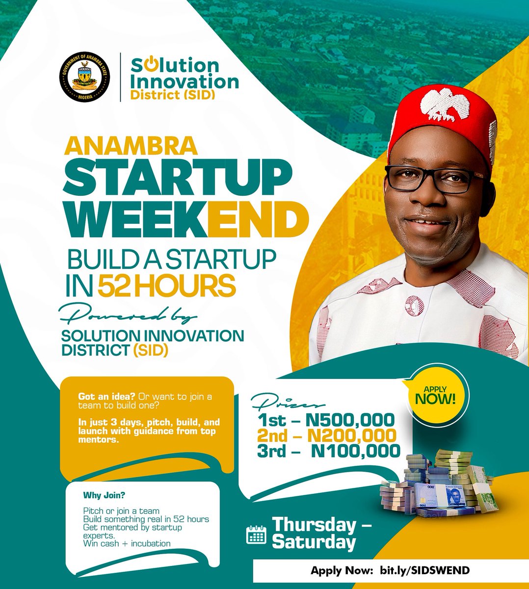 solution_sid's tweet image. Build It. Pitch It. Win It — All in One Weekend! 🚀

Got an idea? Turn it into a startup in just 52 hours at Anambra Startup Weekend powered by SID.

🏆 ₦500K | 🥈 ₦200K | 🥉 ₦100K
📅 Thurs–Sat | Apply: bit.ly/SIDSWEND

#AnambraStartupWeekend #Innovation #AnambraTech