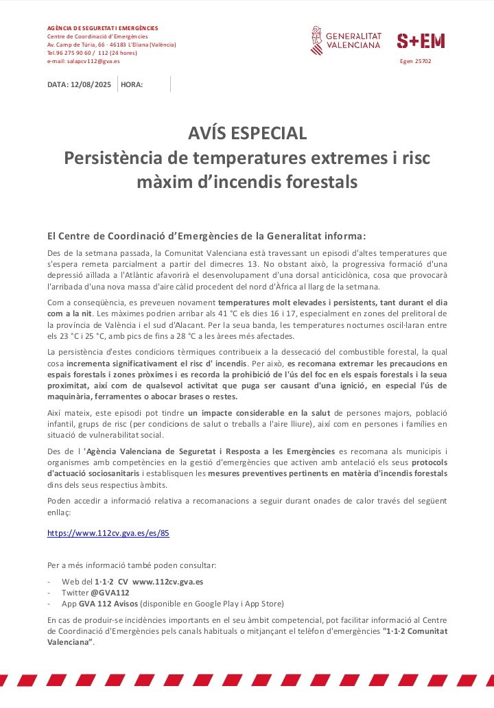 Emergències 112CV (@gva112) on Twitter photo (12:30 h) 🔥El Centro de Coordinación de Emergencias emite un aviso especial debido a la persistencia de temperaturas extremas y riesgo máximo de incendios forestales 
⚠️Se recomiendo extremar las precauciones
📲 En caso de emergencia o si ves humo o fuego, llama al 1•1•2 (12:30 h) 🔥El Centro de Coordinación de Emergencias emite un aviso especial debido a la persistencia de temperaturas extremas y riesgo máximo de incendios forestales 
⚠️Se recomiendo extremar las precauciones
📲 En caso de emergencia o si ves humo o fuego, llama al 1•1•2
