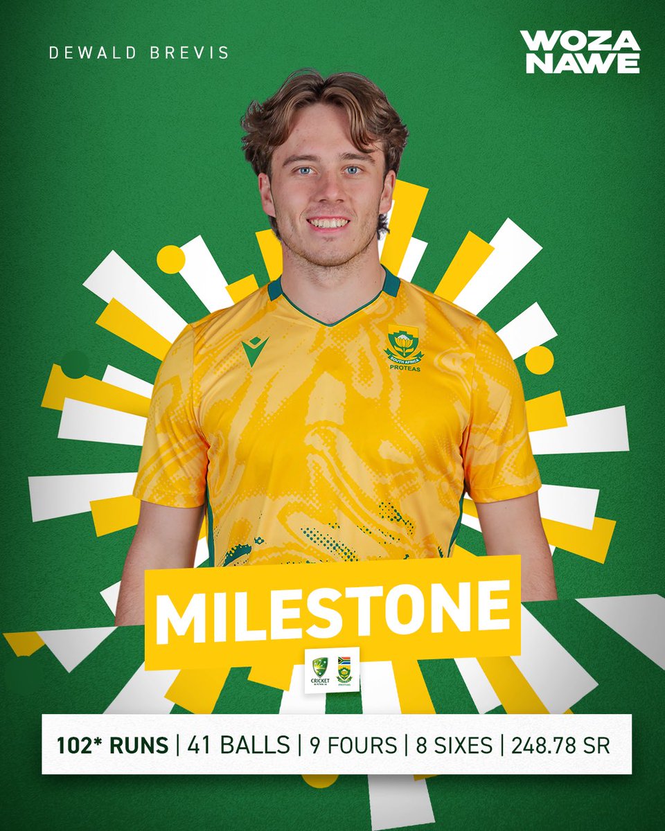 Dewald Brevis! 🌟

What a star, what a phenomenal talent as he lights up Darwin with the second-fastest T20I hundred by a South African! 💥🏏

Delivered under immense pressure and in pure statement style. Take a bow, Dewald! 👏

#WozaNawe