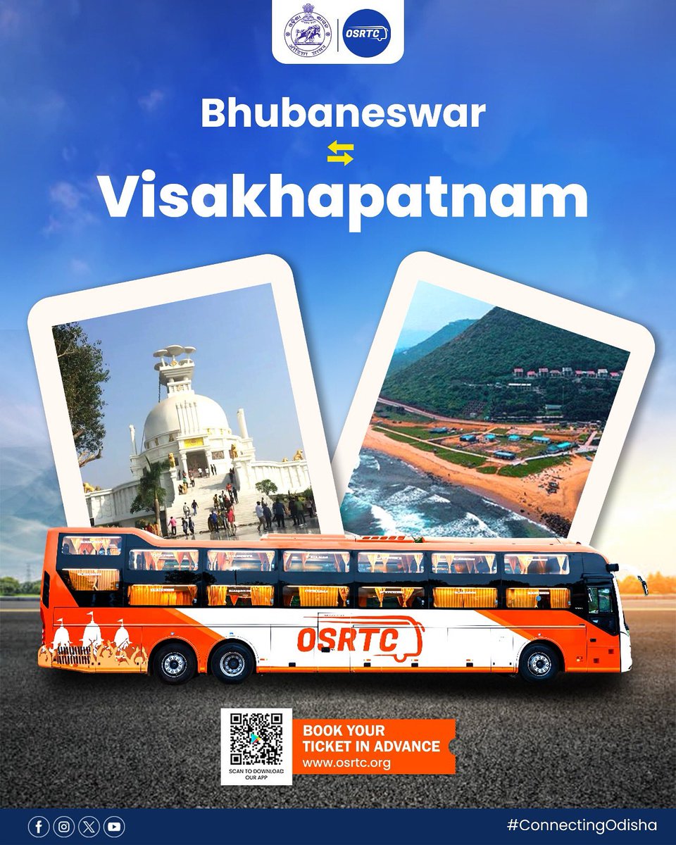 OSRTC_Odisha's tweet image. OSRTC offers direct Super Premium bus service from Bhubaneswar to Visakhapatnam, providing you a safe & comfortable journey between Odisha & Andhra Pradesh.
Book your ticket at osrtc.org or download the official OSRTC App for complete travel details.
#osrtcforall
