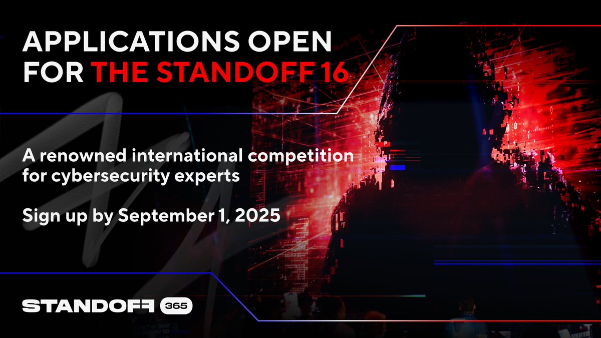 amoshkov's tweet image. 🟥🟦 CTF teams, take note — Standoff Cyberbattle 16, October 6–8, online. 💰 $17,500 prize pool.

30 hours of pure Attack–Defence. 1500+ real-world systems, PLC/SCADA included, 30 hours of epic battle.

Apply by Sept 1 → 16.standoff365.com/en/