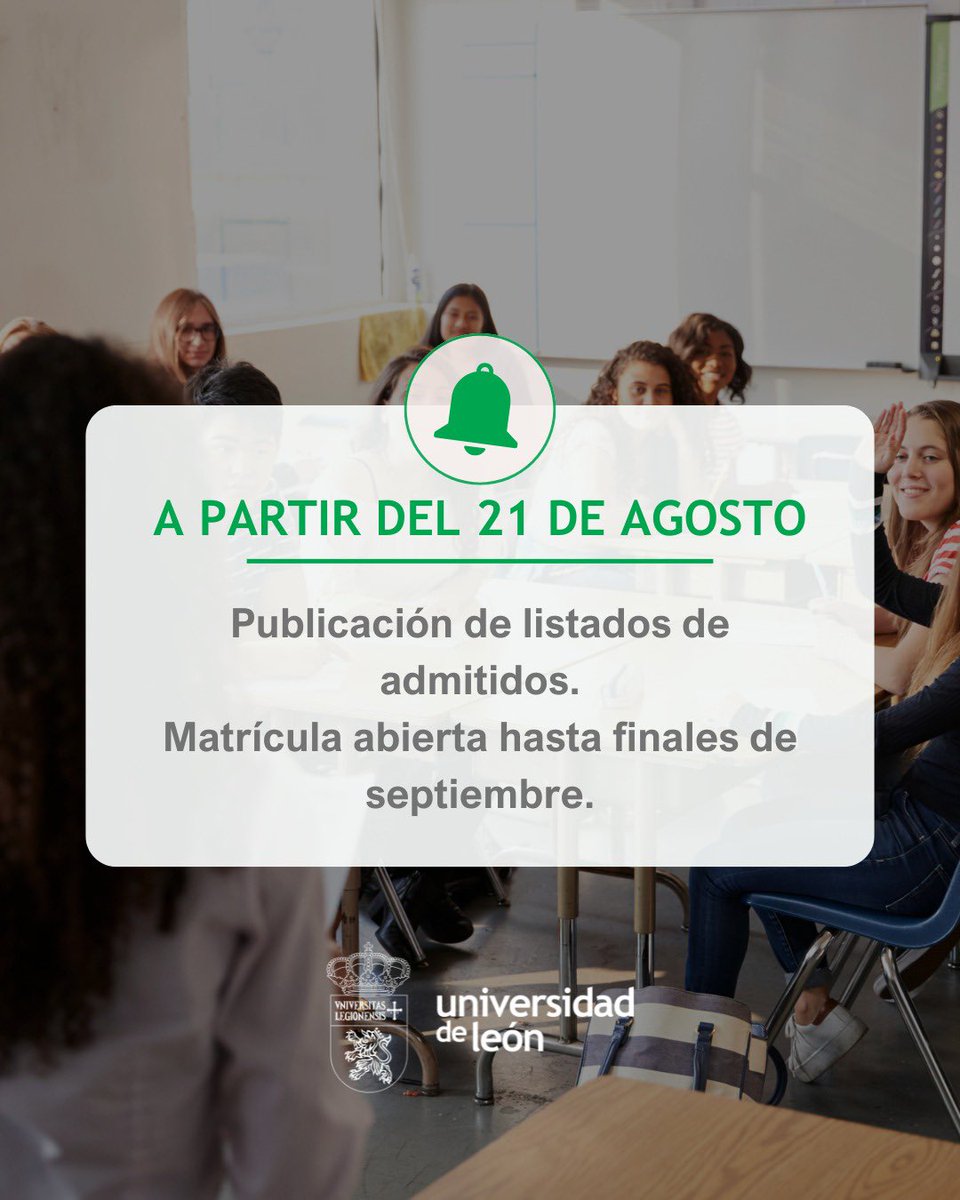📢 Futuros estudiantes: la ULE publicará los listados de admitidos a partir del 21 de agosto.

🗓️ Matrícula abierta hasta finales de septiembre.

Consulta info y listados aquí:
🔗 ow.ly/VHlj50WEqC1

#UniversidadDeLeón #AdmitidosULE #Matrícula2025