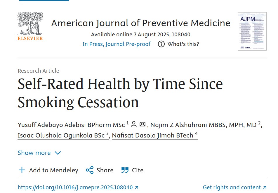 The Global State of Tobacco Harm Reduction (@globalstatethr) on Twitter photo An important new paper in <a href="/AmJPrevMed/">American Journal of Preventive Medicine (AJPM)</a> finds that individuals who have ceased #smoking for longer periods tend to report more favourable self-rated health.
Its authors include THRSP Scholars <a href="/prof_rx/">Yusuff Adebayo Adebisi</a>, <a href="/O_Isaacson_O/">Shola 🔬</a> & <a href="/jmotunrayo24/">Dazret</a>.
👏👏
Full paper here: sciencedirect.com/science/articl… An important new paper in <a href="/AmJPrevMed/">American Journal of Preventive Medicine (AJPM)</a> finds that individuals who have ceased #smoking for longer periods tend to report more favourable self-rated health.
Its authors include THRSP Scholars <a href="/prof_rx/">Yusuff Adebayo Adebisi</a>, <a href="/O_Isaacson_O/">Shola 🔬</a> & <a href="/jmotunrayo24/">Dazret</a>.
👏👏
Full paper here: sciencedirect.com/science/articl…