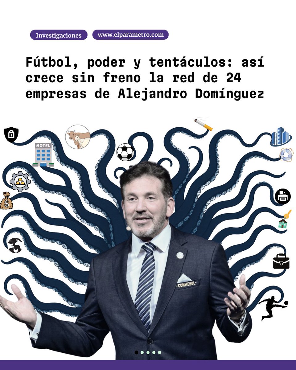 Fútbol, poder y tentáculos. Así crece sin freno la red de 24 empresas de Alejandro Domínguez. Ganadería, hoteles, metalurgia, tabaco, inmobiliarias y comercio forman un entramado que se expandió con más fuerza desde que asumió como presidente de la Conmebol en 2016. HILO