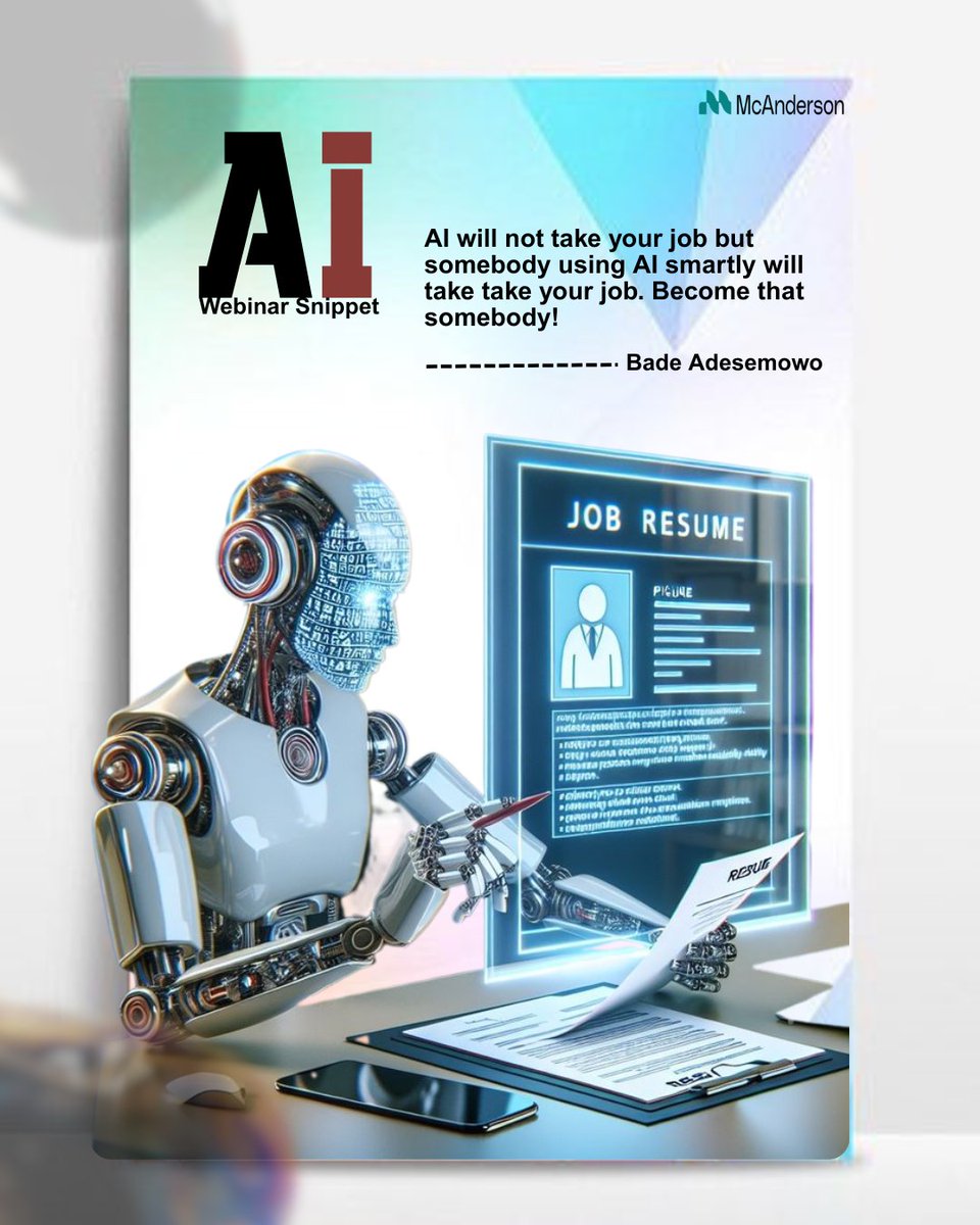 This powerful quote from <a href="/BadeAdesemowo/">Bade Adesemowo</a> reminds us that the future of work isn't about competing with technology, but about learning to leverage it.​

How are you embracing AI in your career? Share your thoughts and experiences below! 👇
.
.
#AI #ArtificialIntelligence #webinar