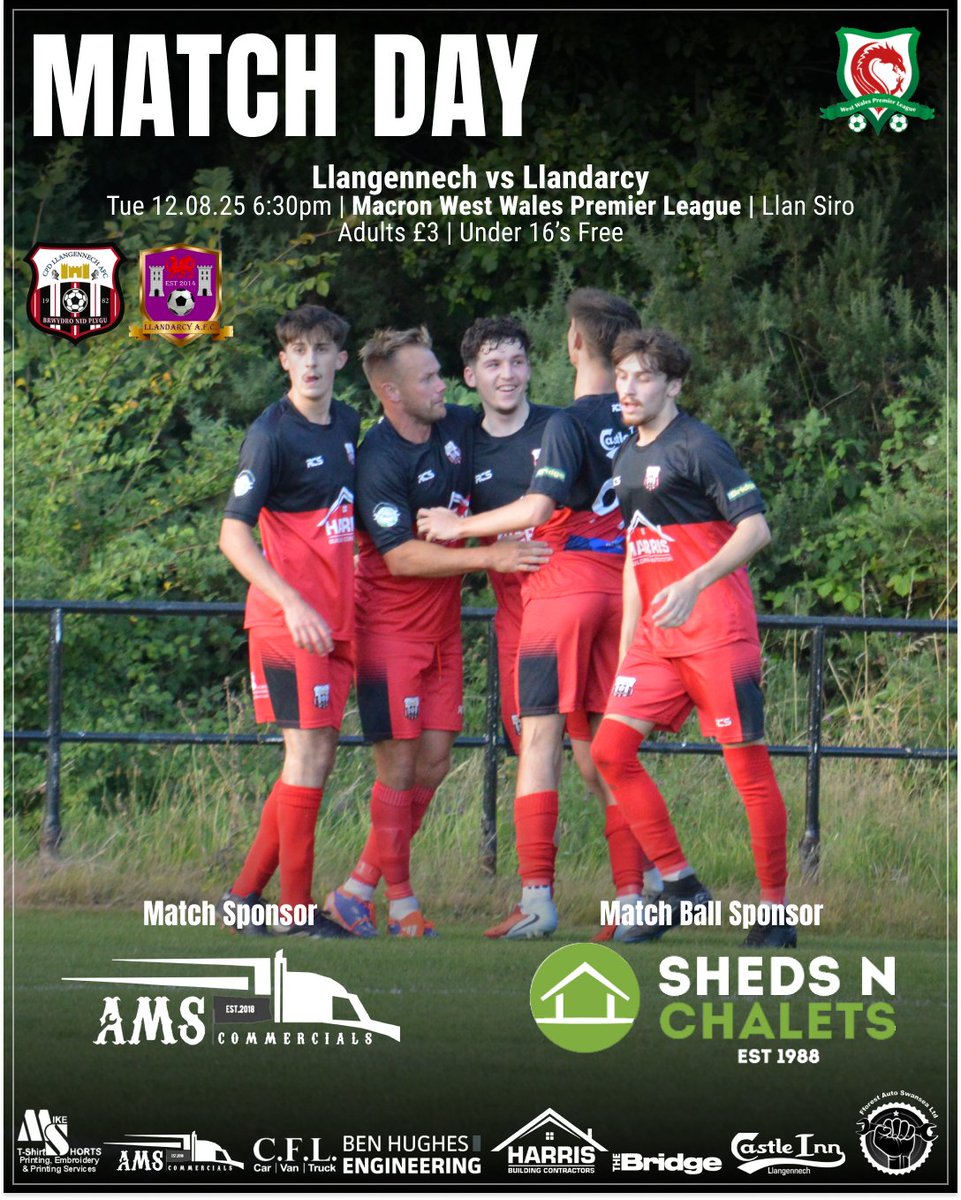 📅 𝗠𝗔𝗧𝗖𝗛 𝗗𝗔𝗬
Llangennech 🆚 Llandarcy
🗓 Tue 12th August 2025 | ⏰ 6:30pm
🏆 Macron West Wales Premier League | 📍 Llan Siro
💷 Adults £3 | Under 16’s Free

🔴⚫
#FightNotFold #BrwydroNidPlygu