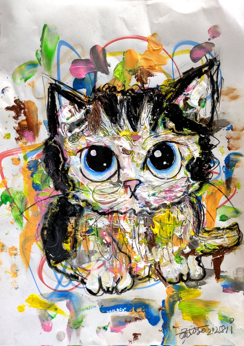 額付き銅版画応用絵画　title「未來ニャンコ」 今月ラス1❗特価！手作り額付き作品 title「未來ニャンコ