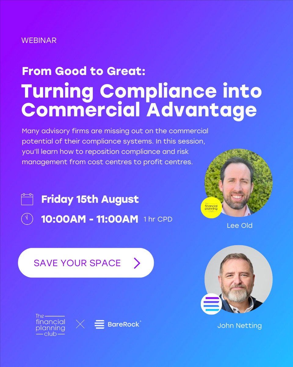 📢 Compliance ≠ cost centre. 

Join Lee Old &amp; John Netting this Friday (10–11am) to learn how smart firms turn compliance into commercial advantage. 

✅ 1hr CPD 
🎟️ Register for your place here: us06web.zoom.us/webinar/regist… 

#PIInsurance #Webinar
