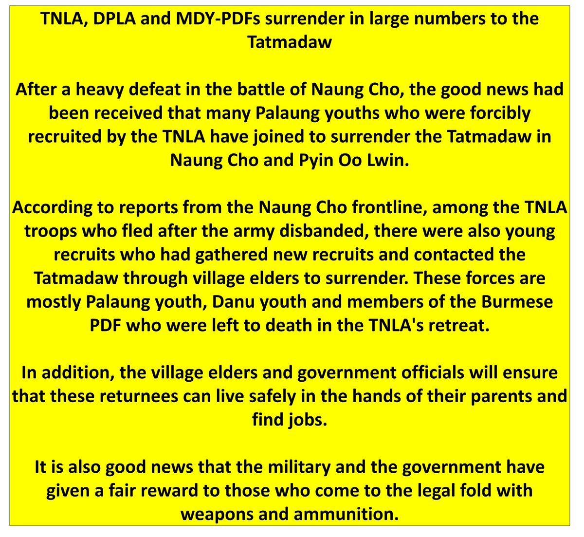 The person who returns to legal fold with a gun for reward cash K 5 million, with a grenade for reward cash K 0.3 million, and with 50 bullets for reward cash 0.2 million were also awarded. The Youth in #Myanmar do not lose their hopes in life and return to their parents. #NUG