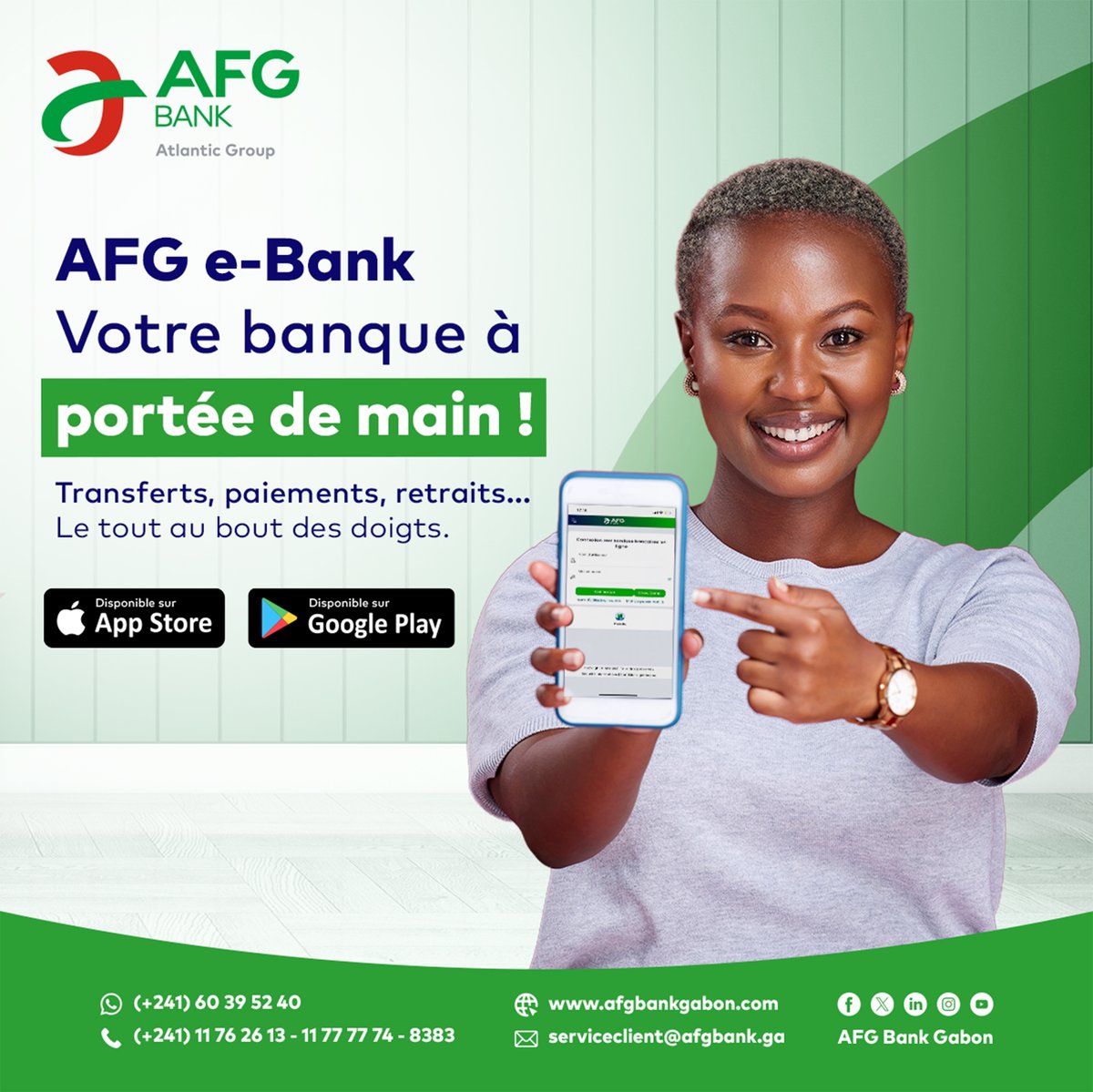 AFGBankGabon's tweet image. Avec AFG e-Bank, gérez votre / vos compte(s) en toute sécurité !
C’est :
✅ Pratique
✅ Rapide
✅ Sécurisé

Téléchargez gratuitement AFG e-Bank sur App Store et Play Store !

AFG Bank
…Et tout devient possible.

#AFGBankGabon #AFGHolding #AFGeBank #BanqueDigitale