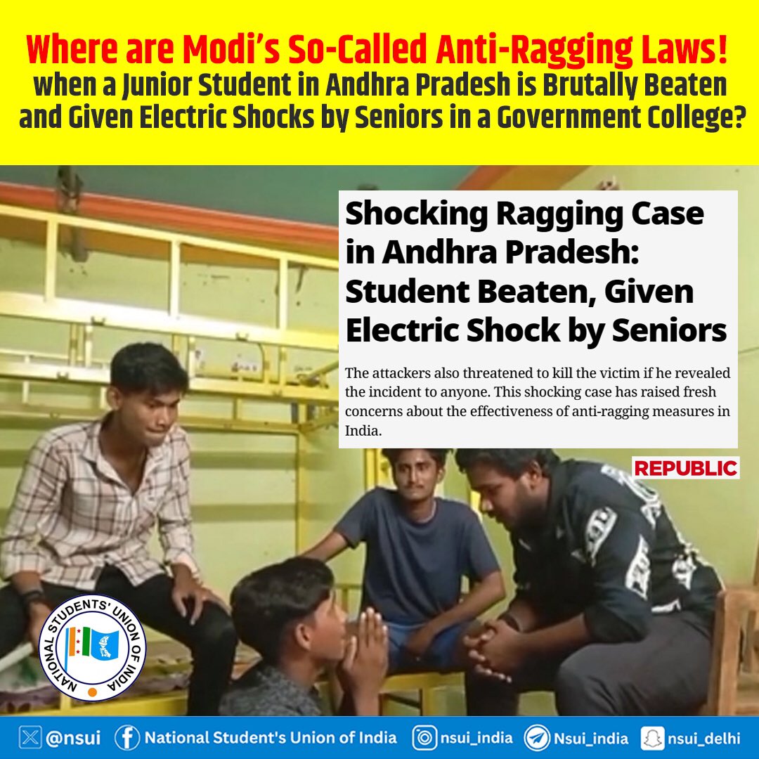 nsui's tweet photo. In Andhra Pradesh, a student’s death under mysterious circumstances has been pushed under the rug through a shameless college cover-up — raising serious questions about what the BJP-backed state government is so desperate to hide.

When justice is replaced by silence, it’s the truth — and our students — that pay the price.