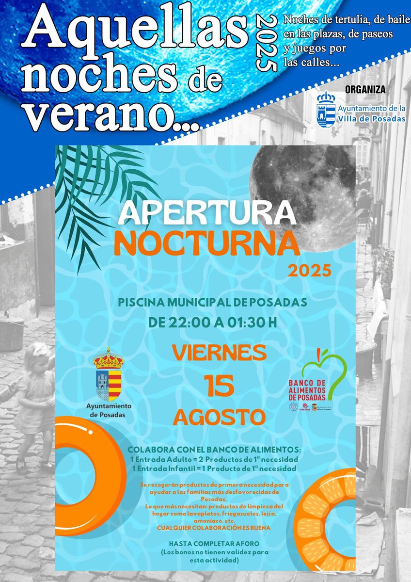🌙Aquellas noches de verano…
🏊‍♀️BAÑO NOCTURNO SOLIDARIO
🗓️Viernes 15
🕓DE 22:00 a 01:30 h
📍Piscina Municipal