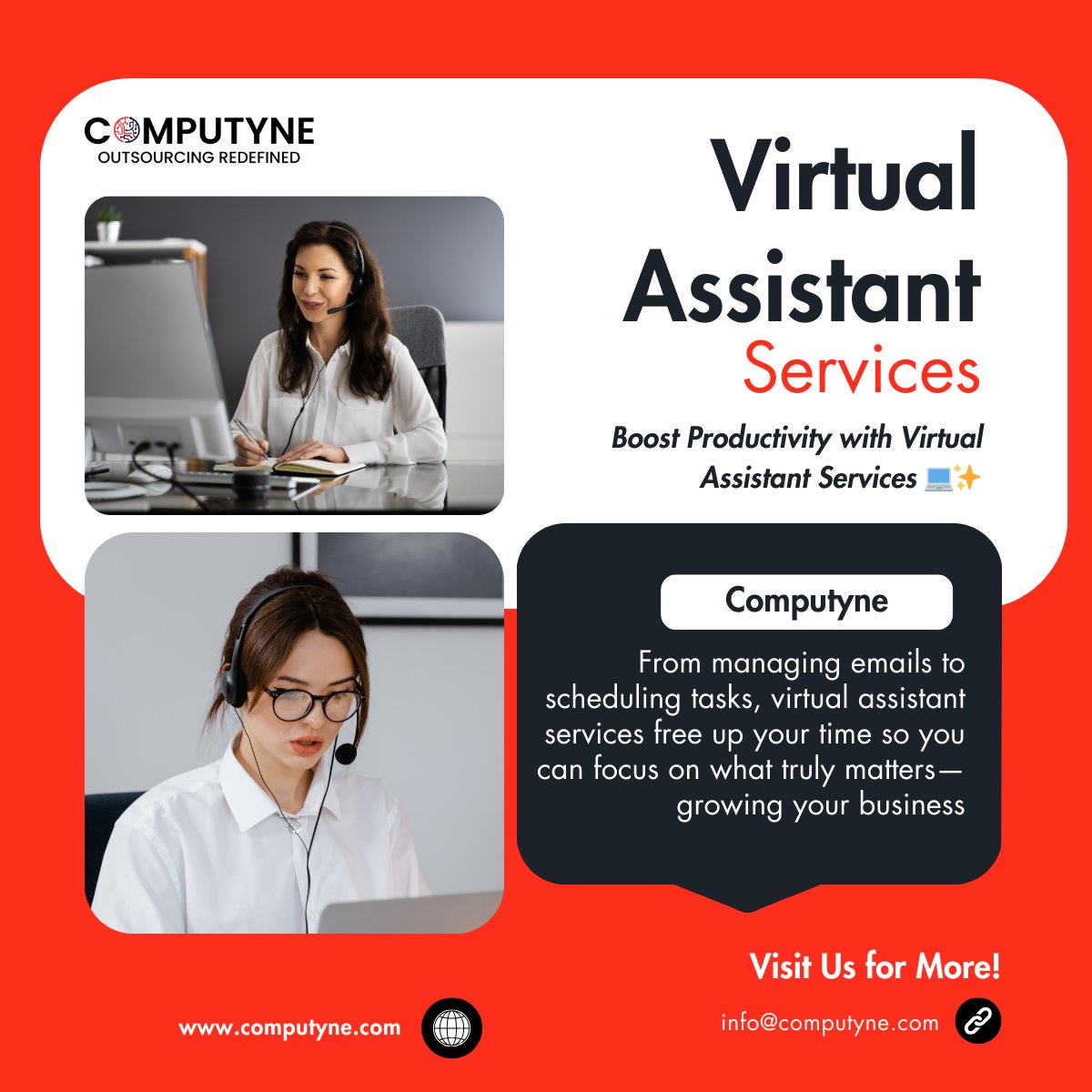 computyne's tweet image. From managing emails to scheduling tasks, virtual assistant services free up your time so you can focus on what truly matters—growing your business.
Email: info@computyne.com
Web Address: computyne.com
#VirtualAssistant #ProductivityBoost #BusinessSupport