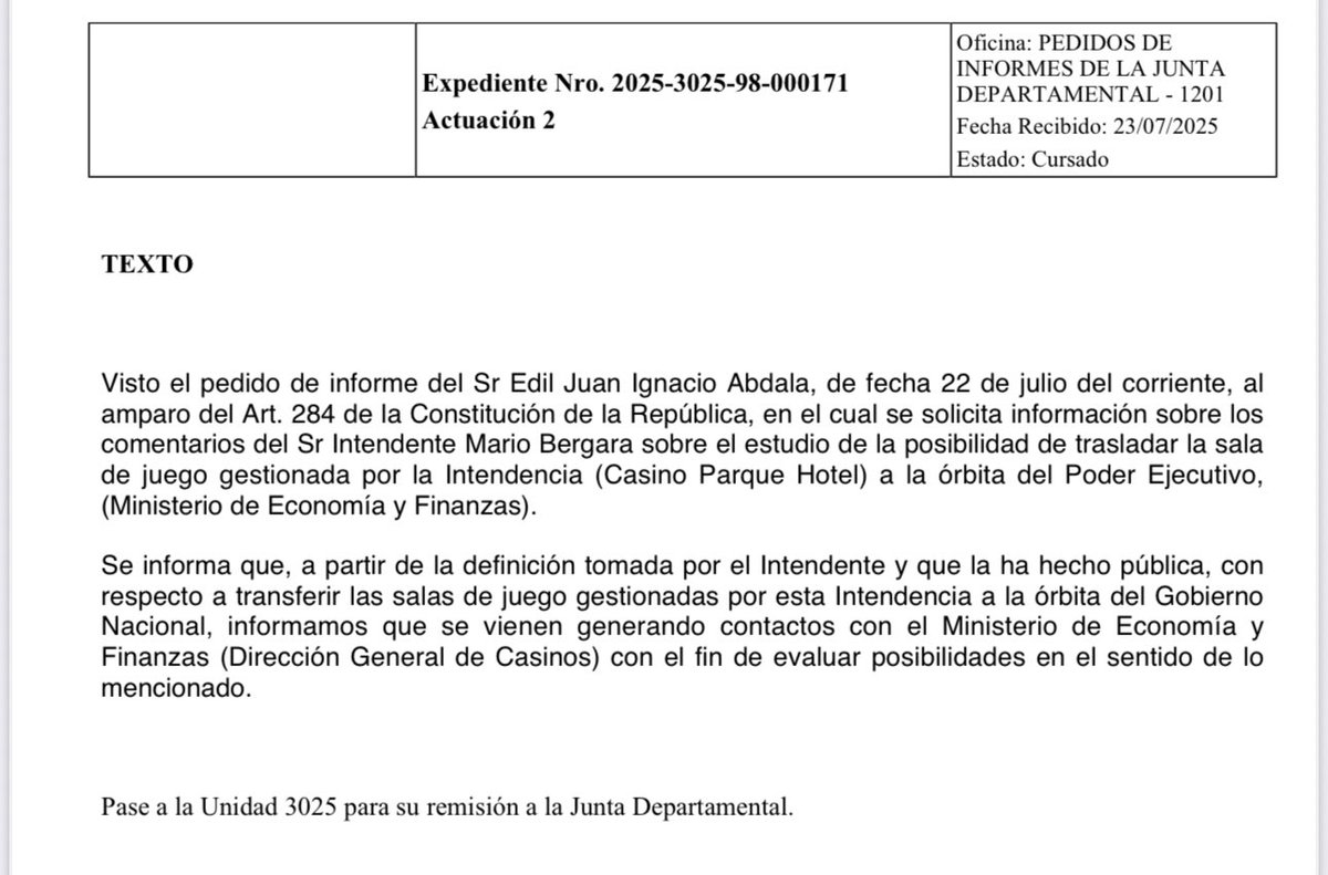 El día después de asumir, consultábamos a la Intendencia respecto a cómo iban a manejar la situación del casino municipal. Esto nos contestaron. Absolutamente insuficiente.  Sigue la improvisación. No hay plan. Están a la deriva. Vamos a agotar todas las vías de contralor que