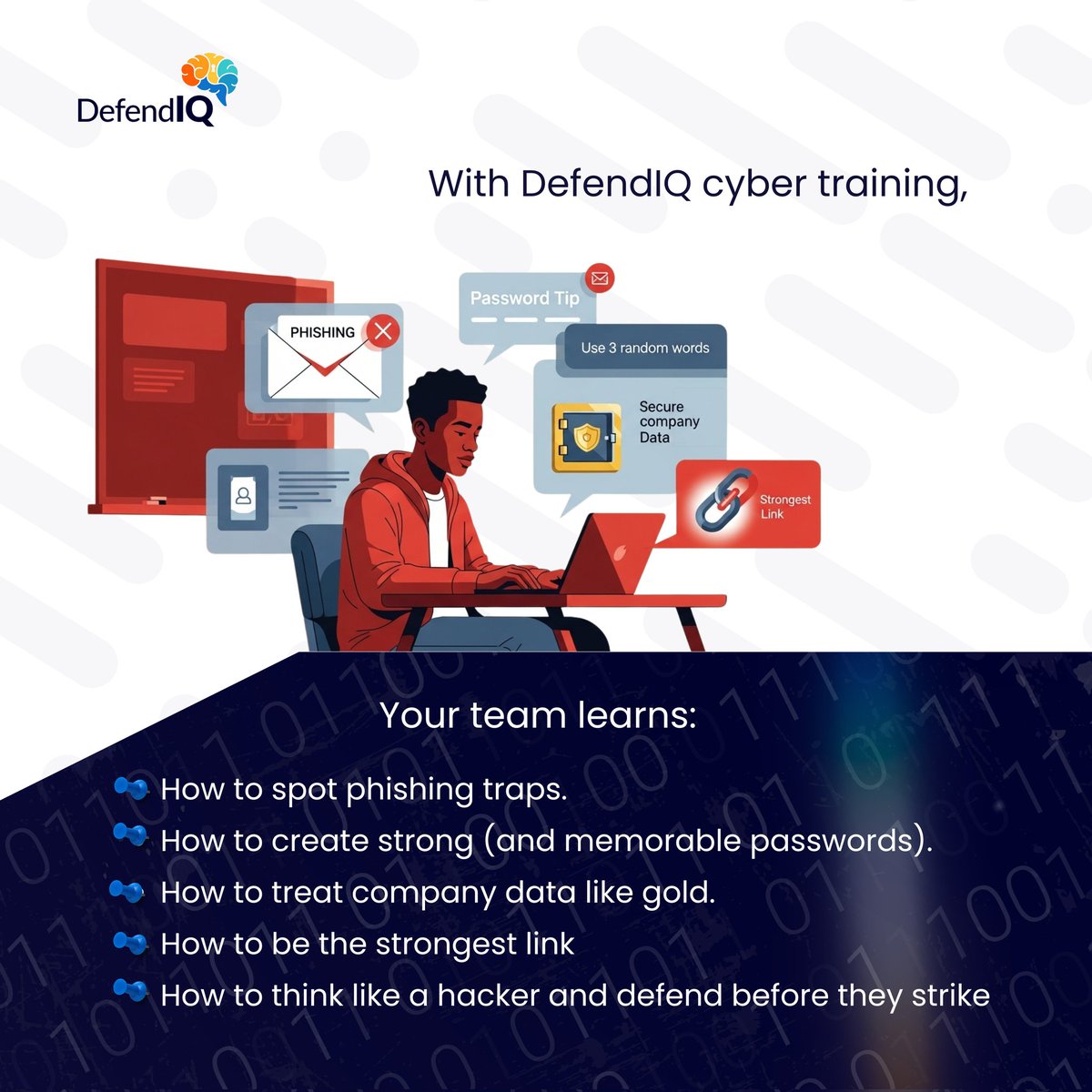 DefendIq's tweet image. Your team know how to use the tools. But do they know how to defend against threats?
It's time to close the gap.
Train your team with Defend IQ modules and an opportunity to be alert against cyber threat.
#DefendIQ #TrainingModules #TrainYourTeamAgainstCyberThreat