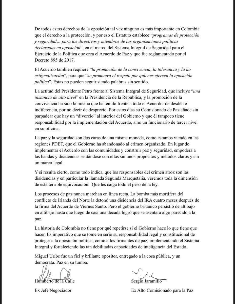 Atentos: Dura crítica del exjefe negociador de paz <a href="/DeLaCalleHum/">Humberto de la Calle</a> y del excomisionado Sergio Jaramillo contra el presidente <a href="/petrogustavo/">Gustavo Petro</a> por su actitud de “desdén e indiferencia”  frente a la implementación del acuerdo con las extintas Farc, en particular frente al Sistema